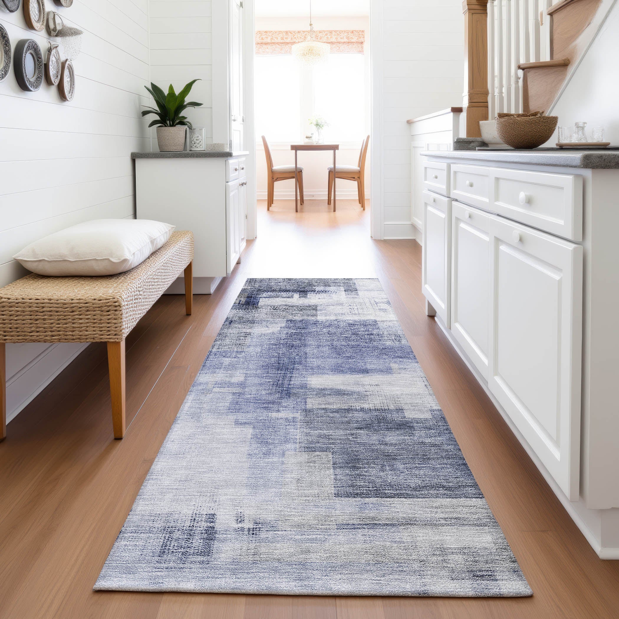 Havana Machine Washable Transitional Denim Blue Rug 2'3" x 7'6" #shape_Runner