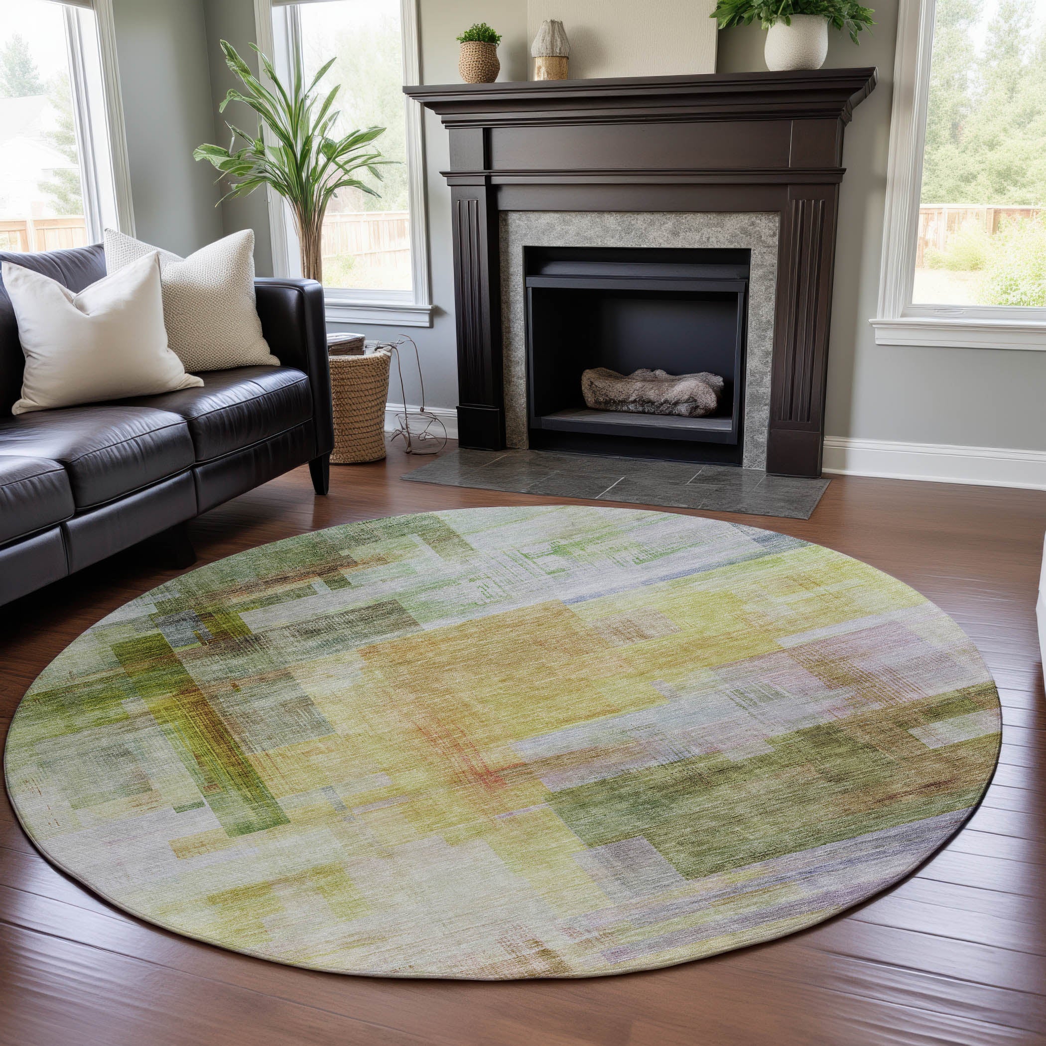 Havana Machine Washable Transitional Green Rug 8' x 8' #shape_Round