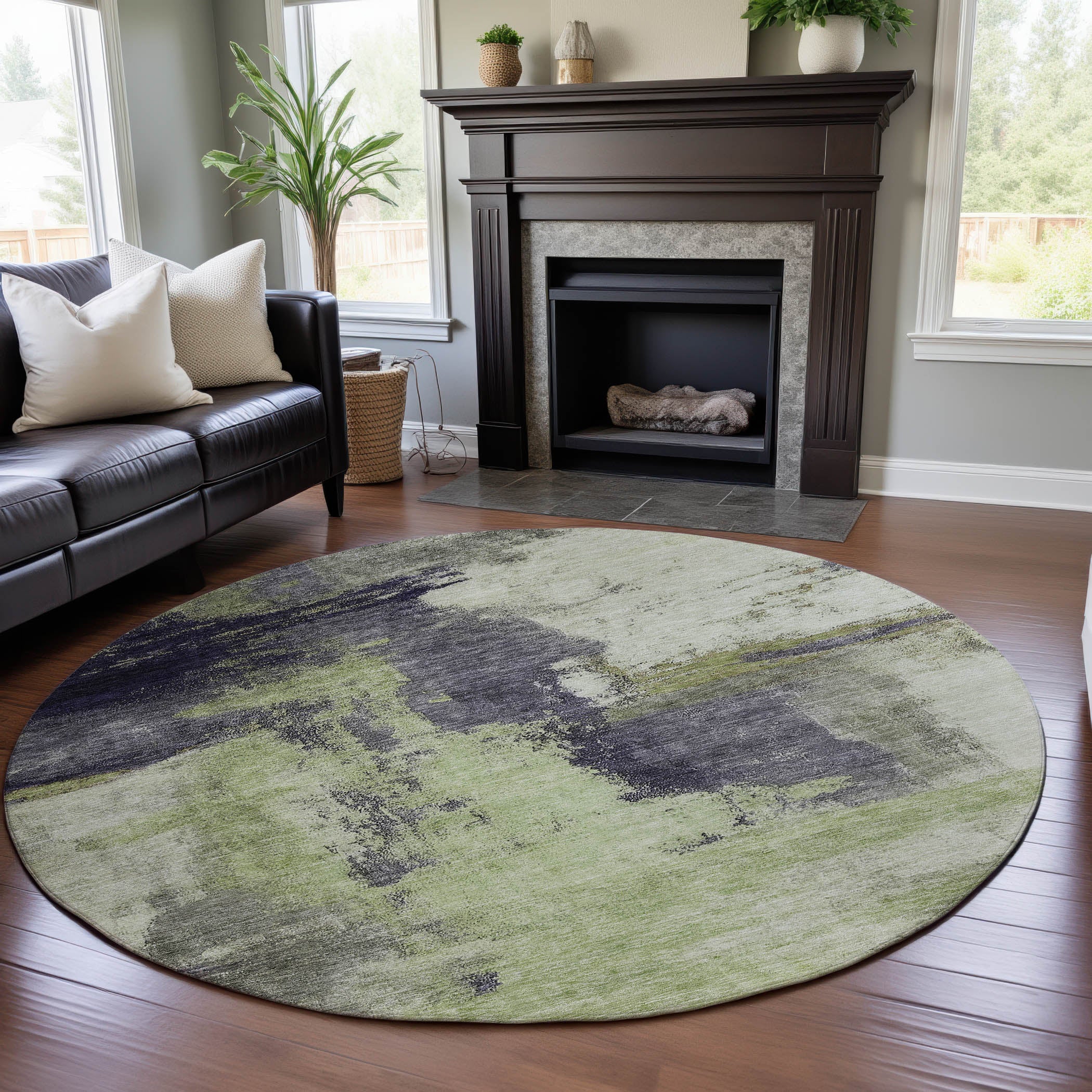 Luang Prabang Machine Washable Transitional Fern Green Rug 8' x 8' #shape_Round