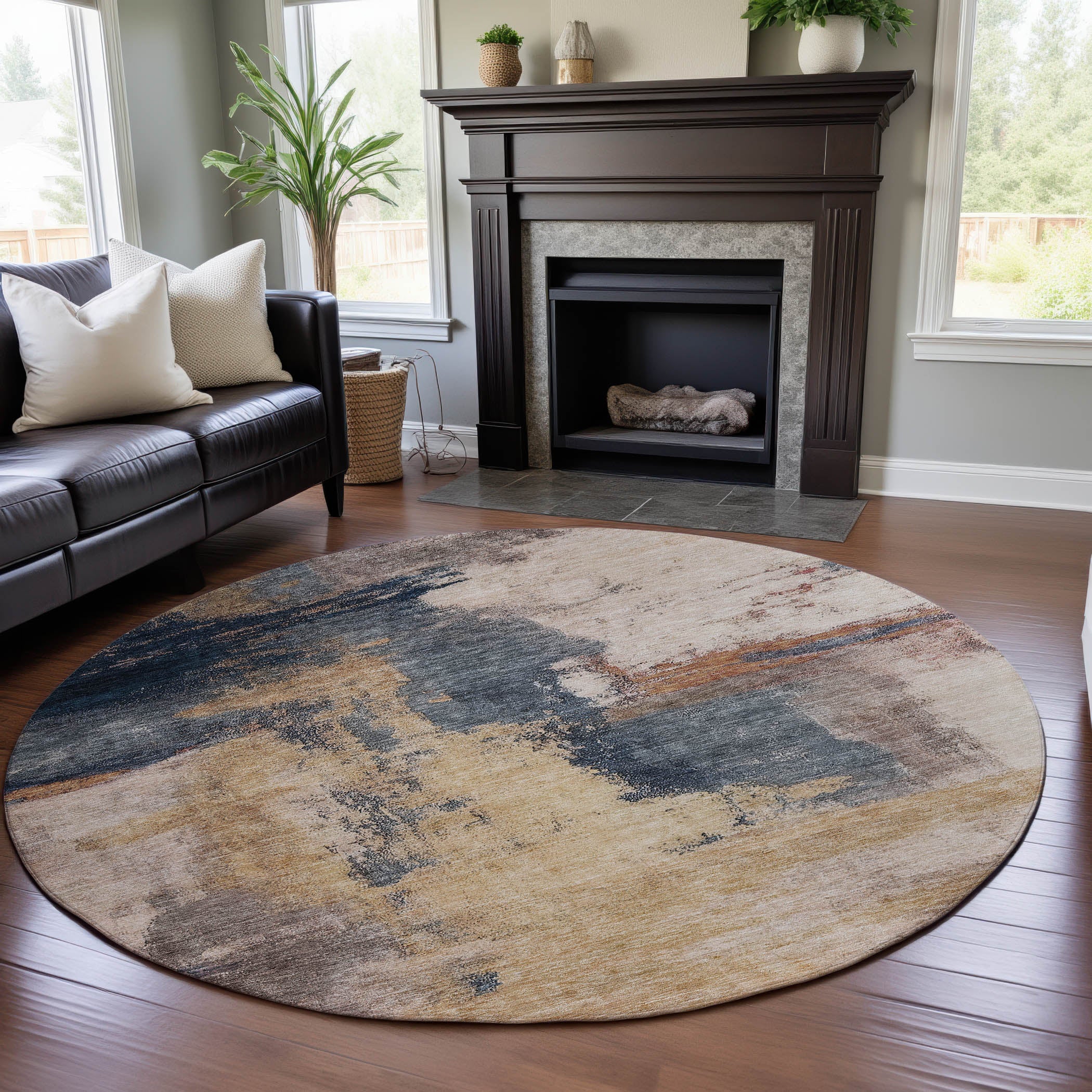 Luang Prabang Machine Washable Transitional Gold Rug 8' x 8' #shape_Round