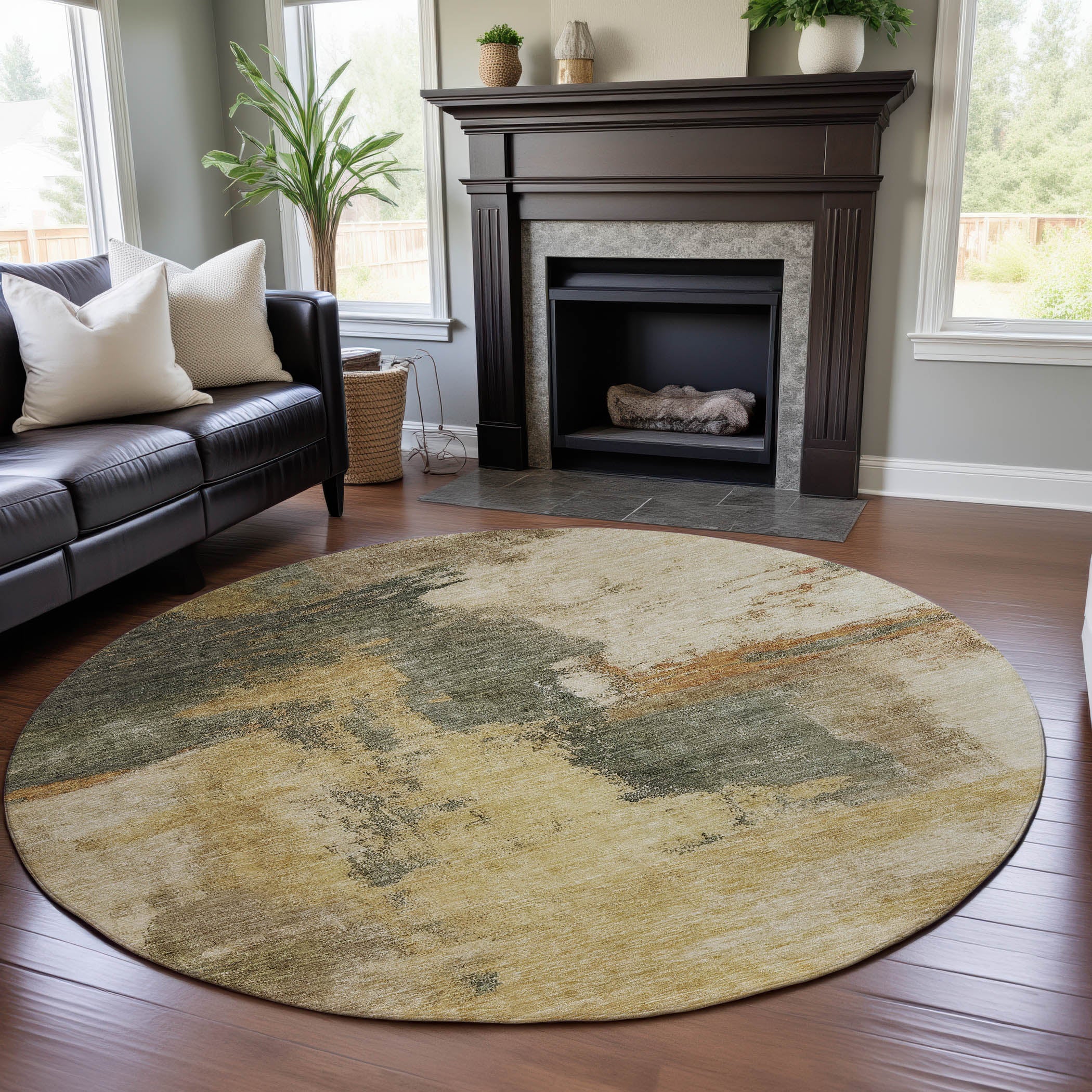 Luang Prabang Machine Washable Transitional Sage Green Rug 8' x 8' #shape_Round