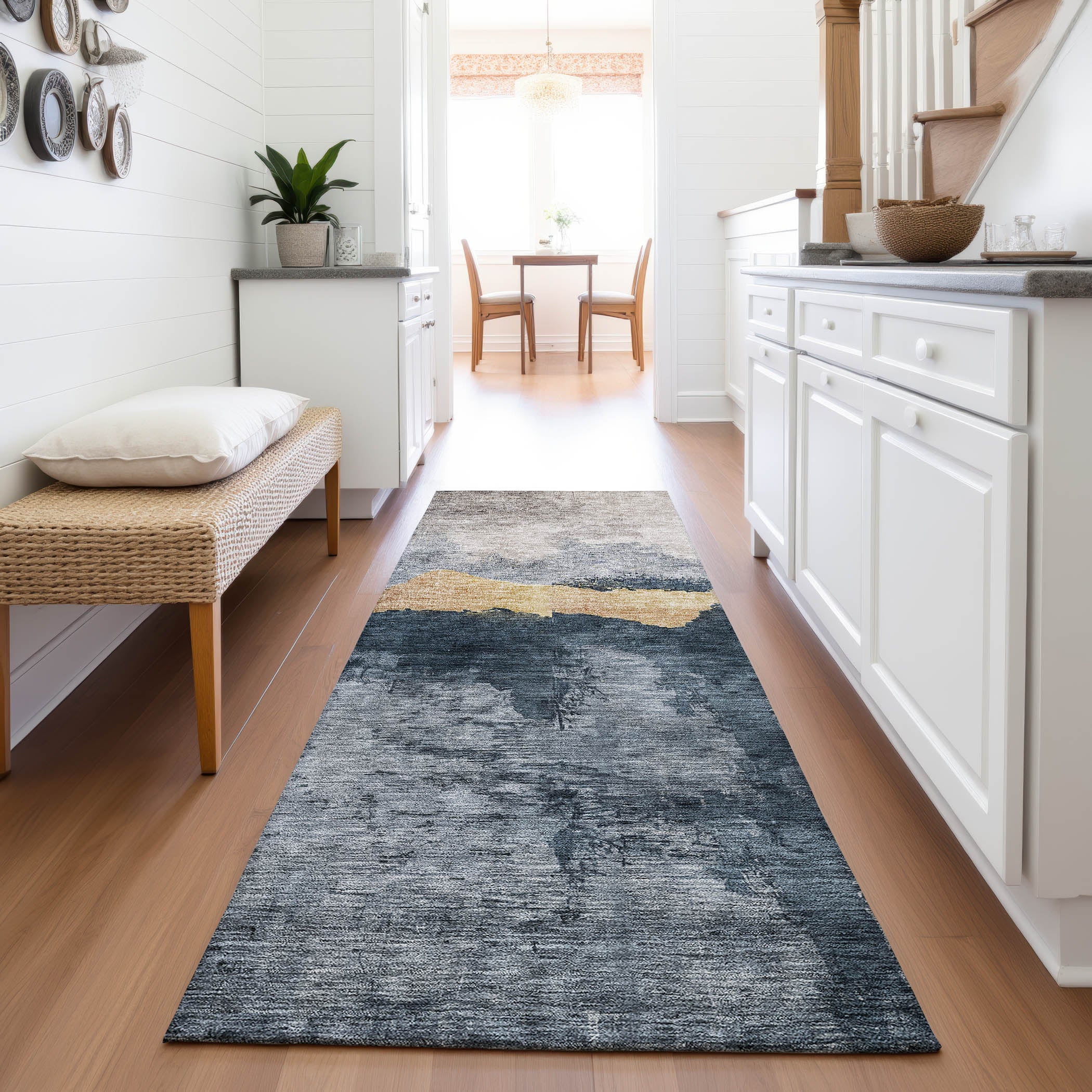 Kathmandu Machine Washable Transitional Blue Rug 2'3" x 7'6" #shape_Runner