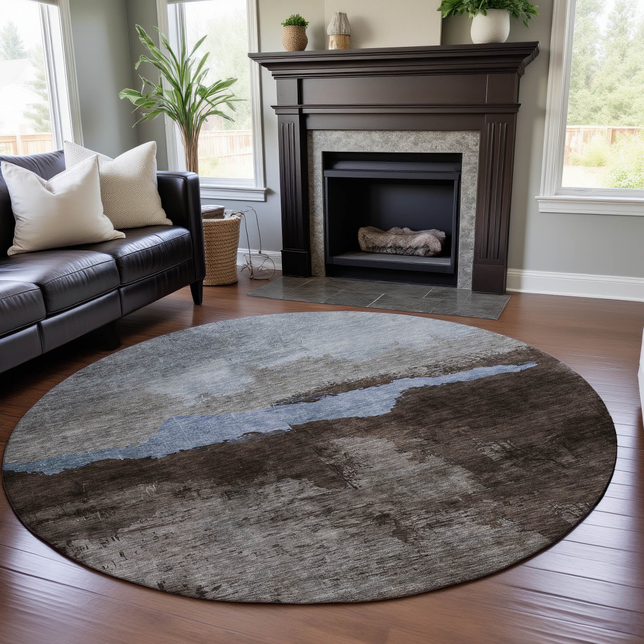 Kathmandu Machine Washable Transitional Chocolate Brown Rug 8' x 8' #shape_Round