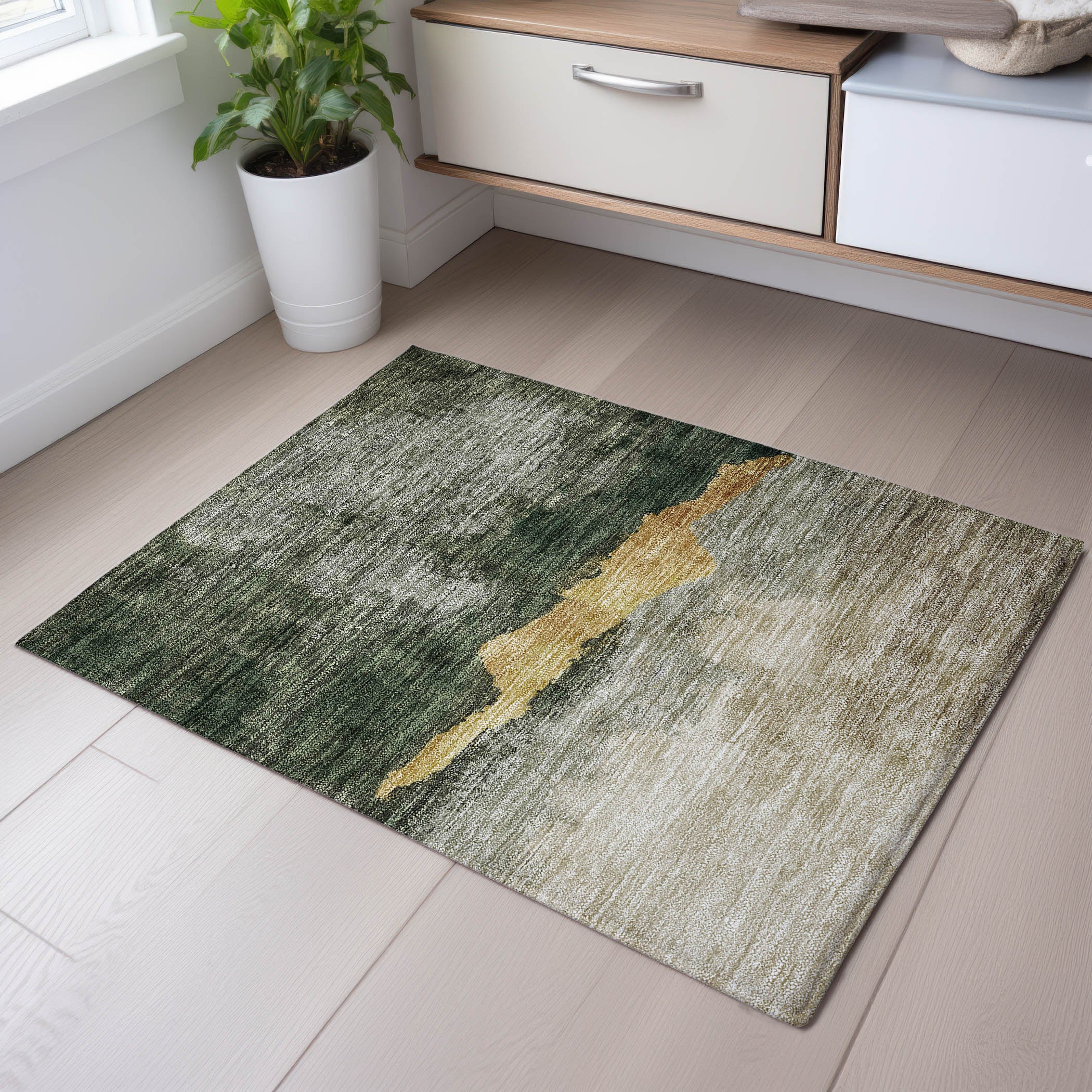 Kathmandu Machine Washable Transitional Fern Green Rug 1'8" x 2'6" #shape_Rectangle
