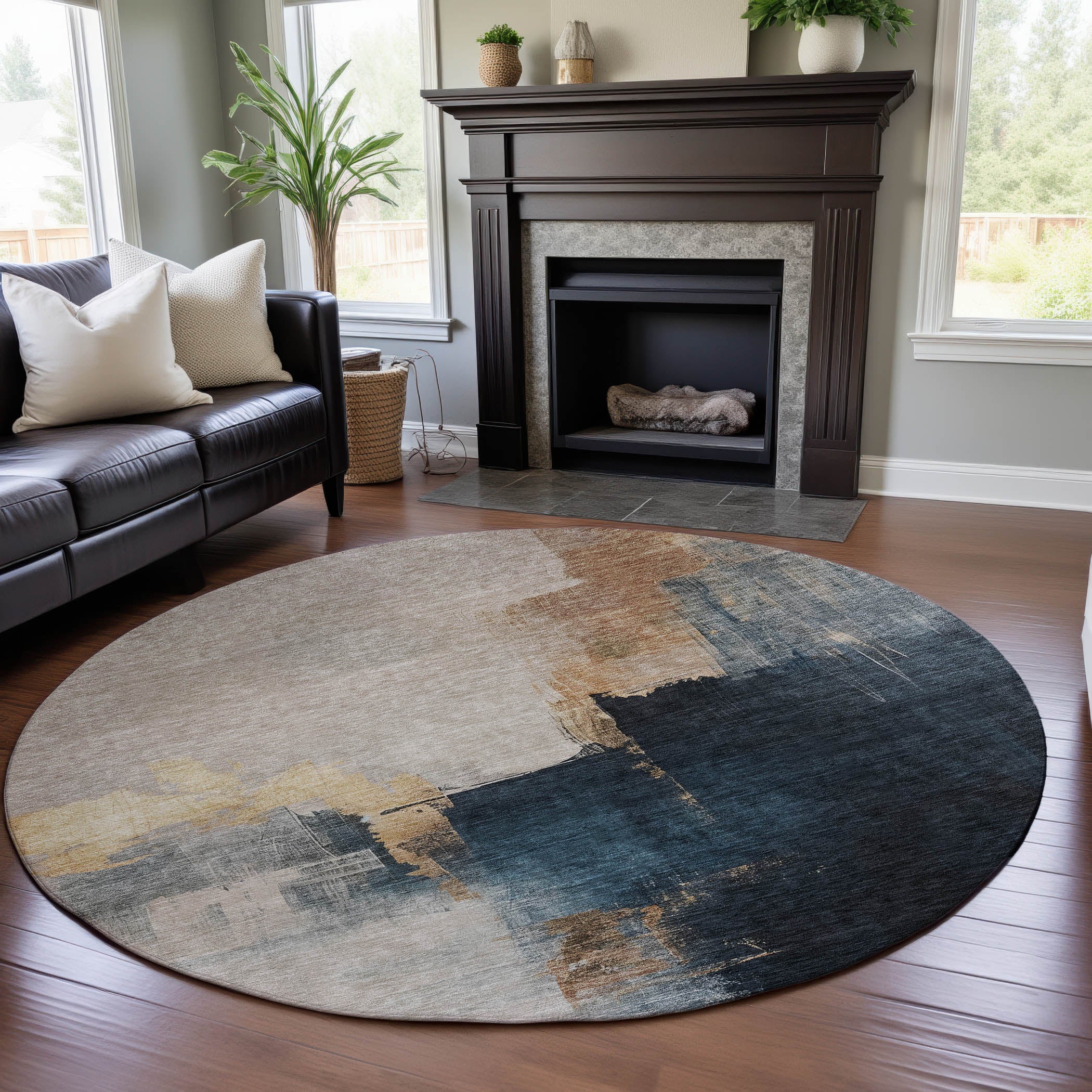 Florence Machine Washable Transitional Taupe Brown Rug 8' x 8' #shape_Round