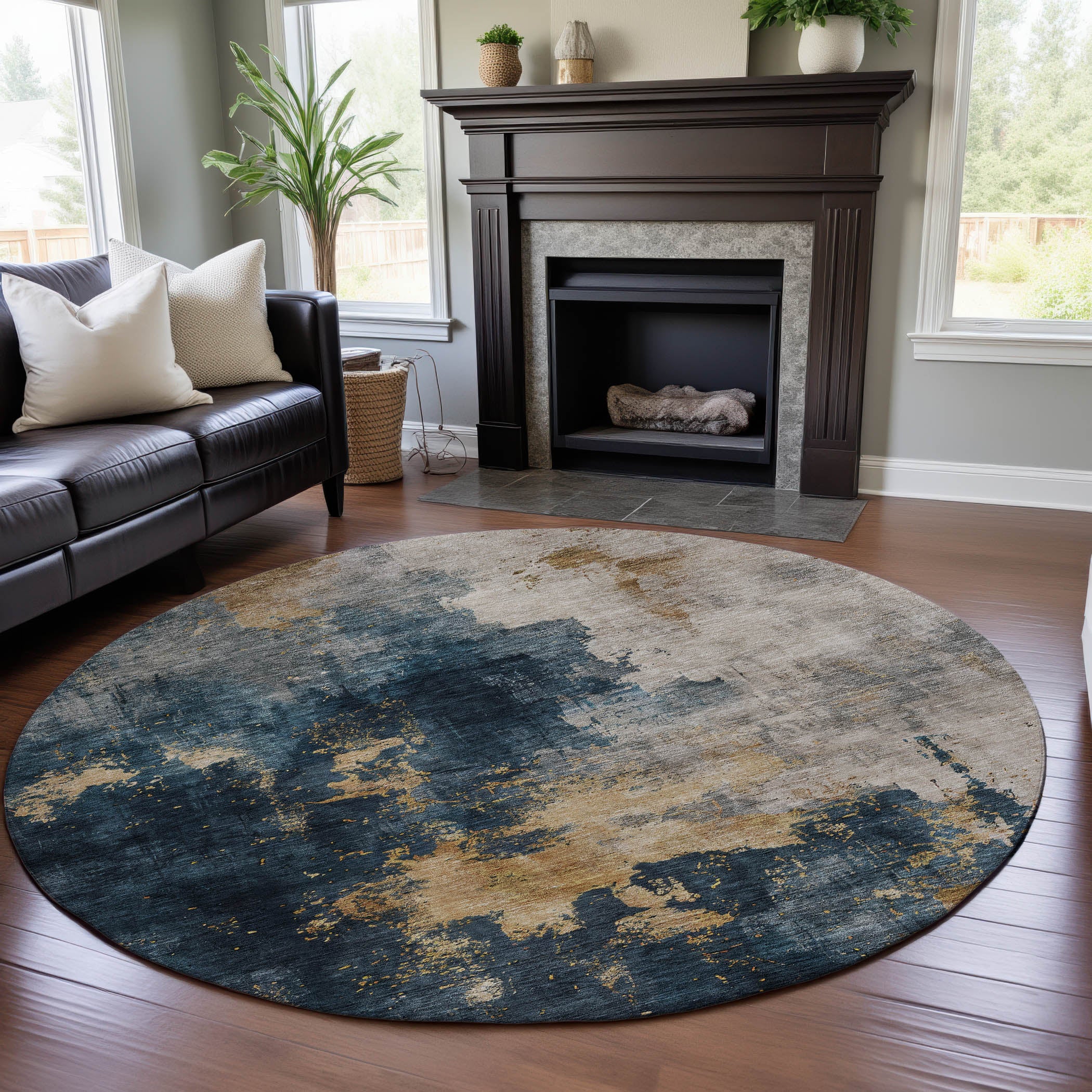 Lisbon Machine Washable Transitional Blue Rug 8' x 8' #shape_Round