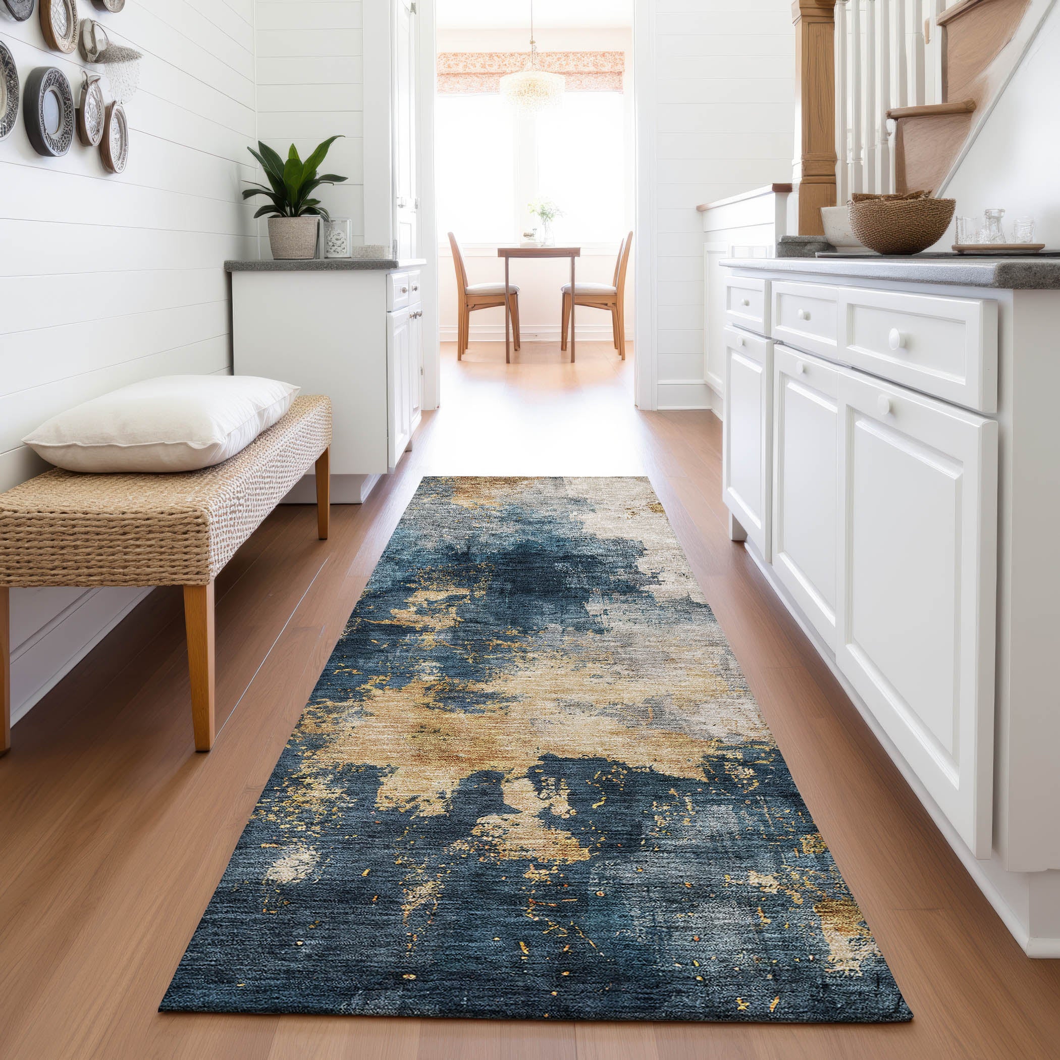 Lisbon Machine Washable Transitional Blue Rug 2'3" x 7'6" #shape_Runner
