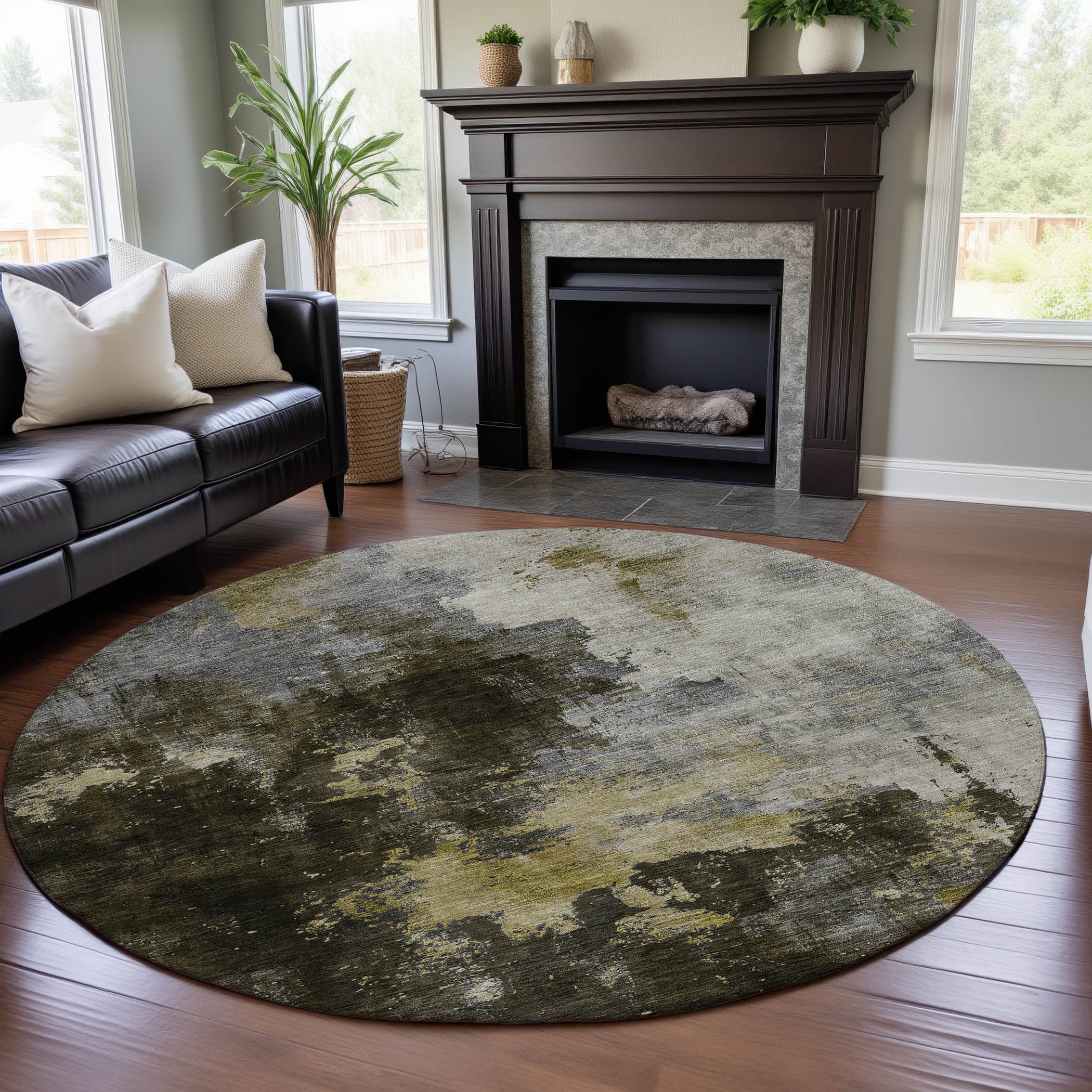 Lisbon Machine Washable Transitional Brown Rug 8' x 8' #shape_Round