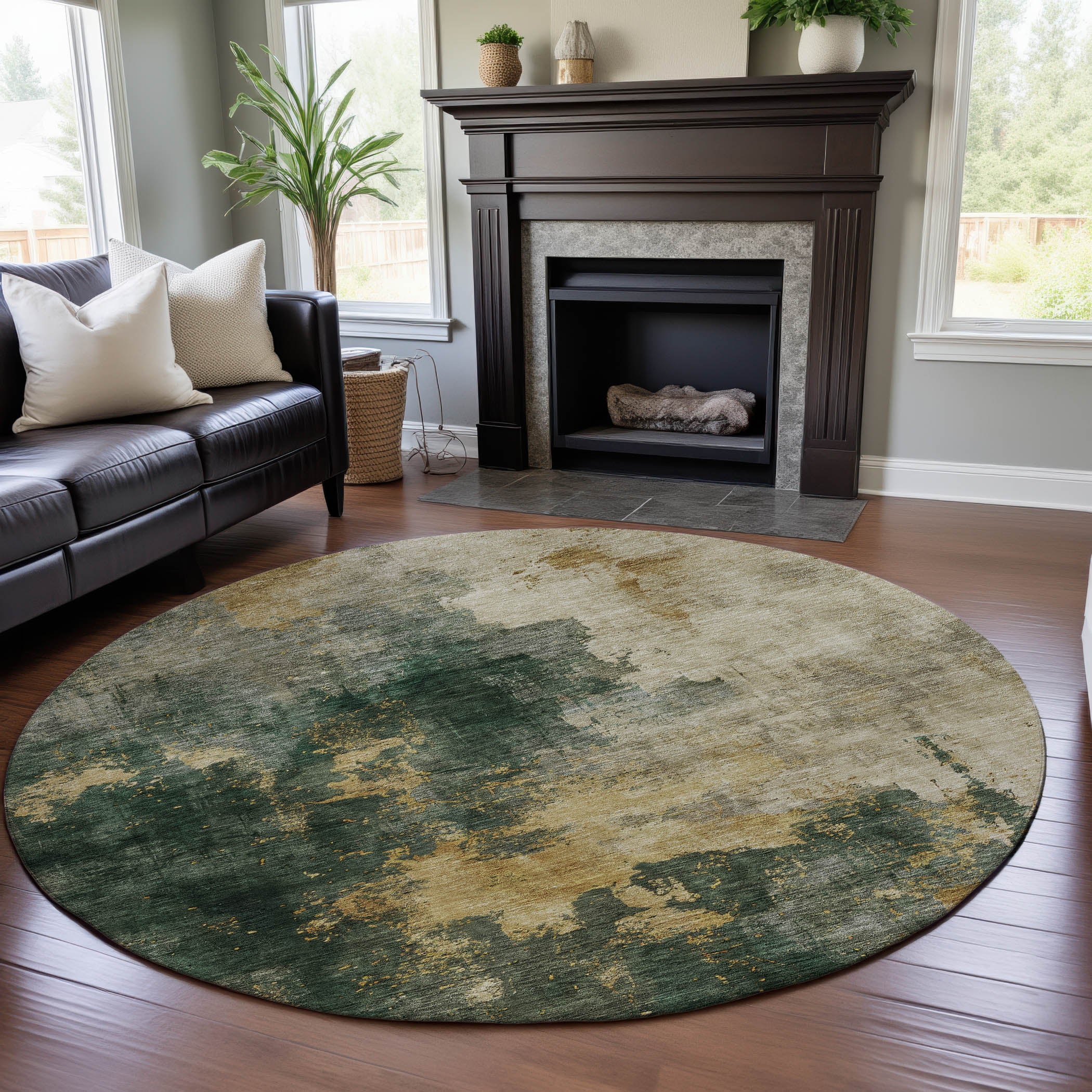 Lisbon Machine Washable Transitional Fern Green Rug 8' x 8' #shape_Round