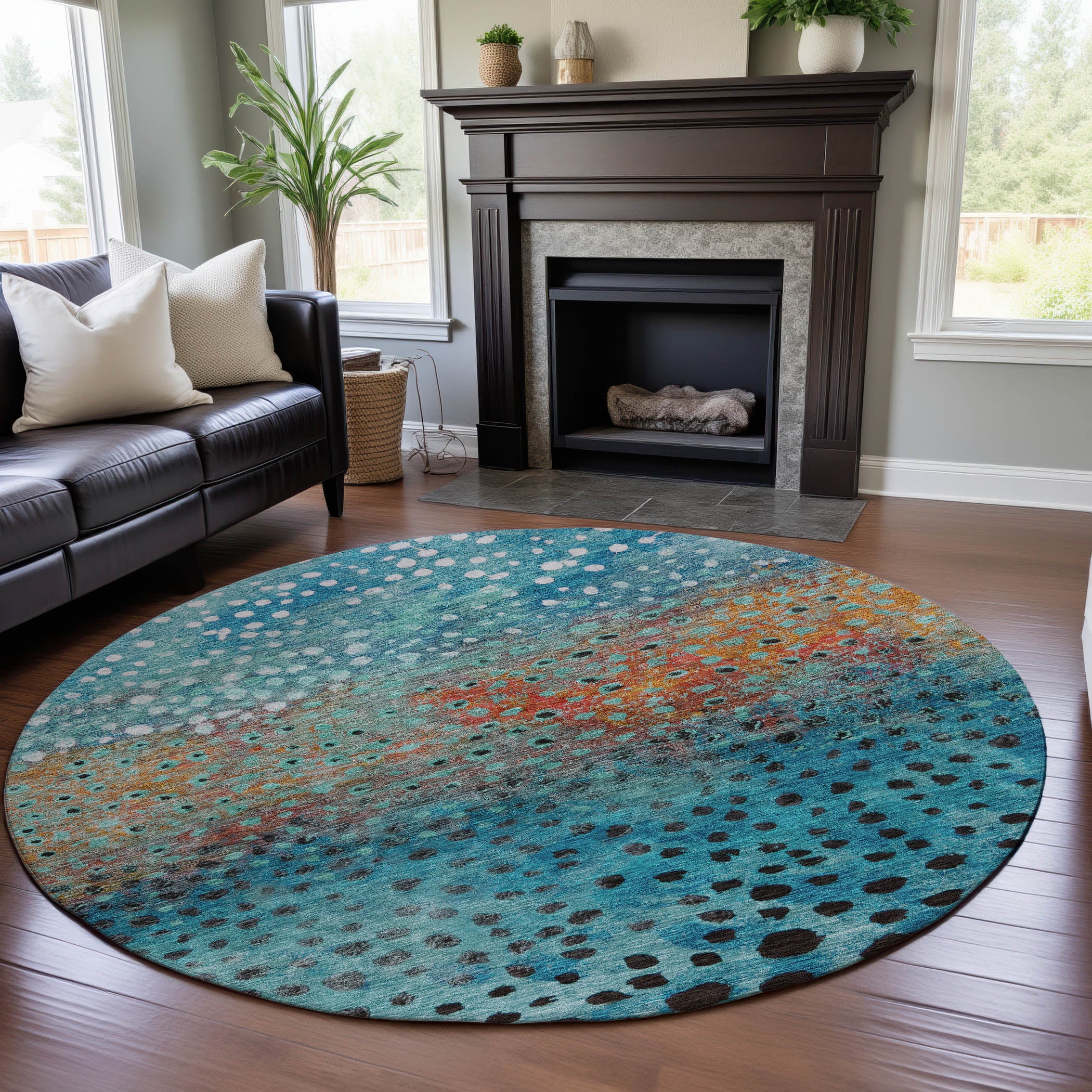 Bruges Machine Washable Transitional Blue Rug 8' x 8' #shape_Round