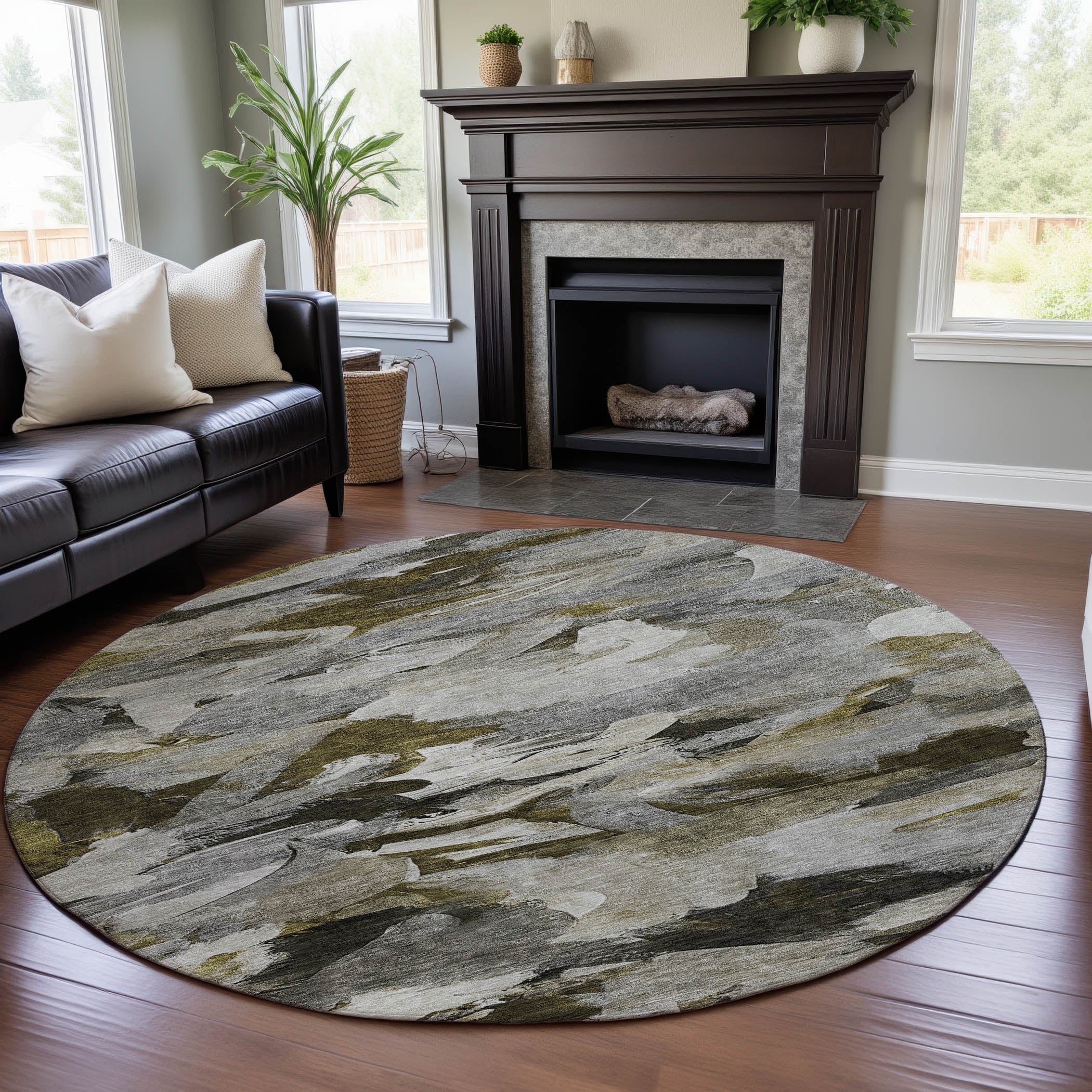 Tbilisi Machine Washable Transitional Granite Gray Rug 8' x 8' #shape_Round