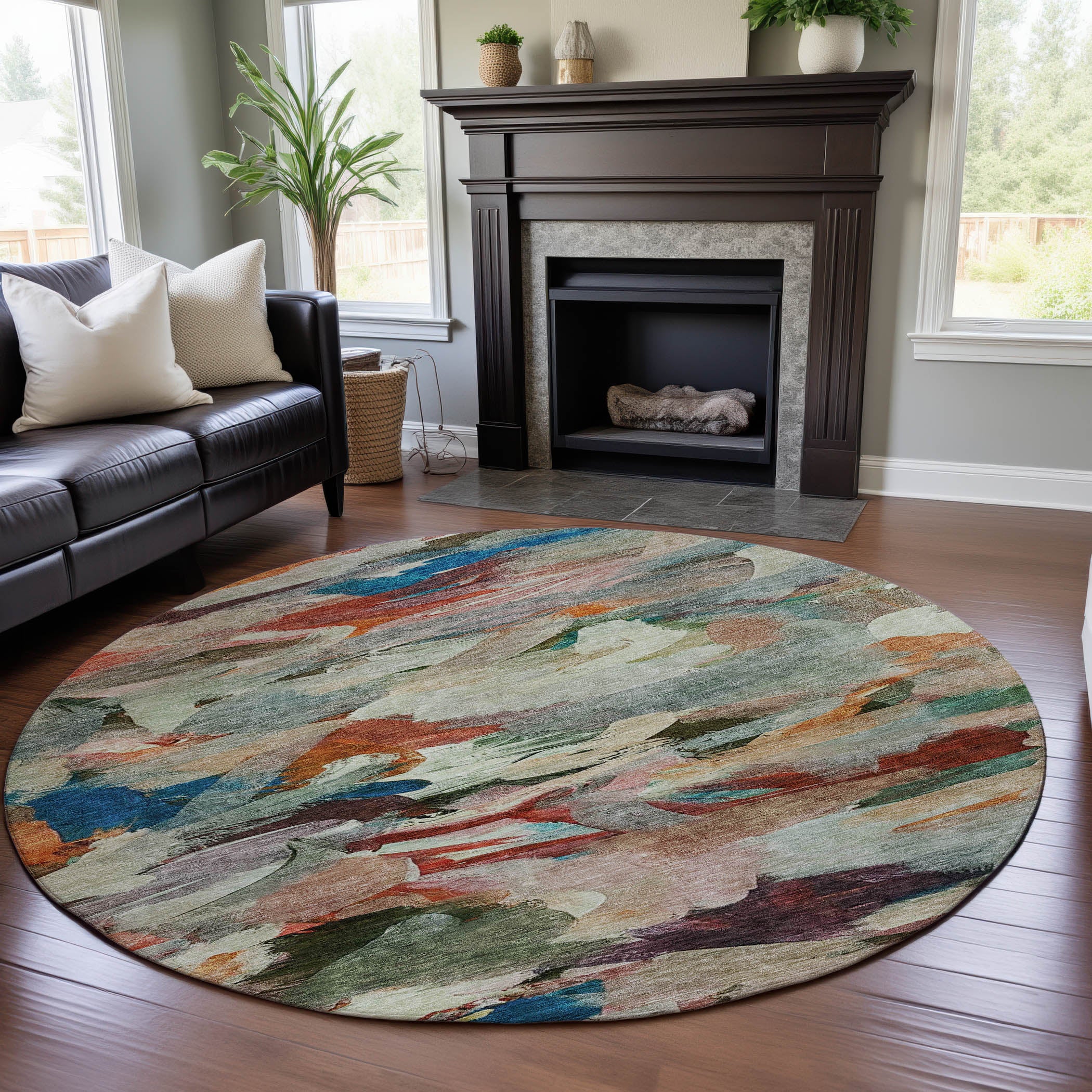 Tbilisi Machine Washable Transitional Green Rug 8' x 8' #shape_Round
