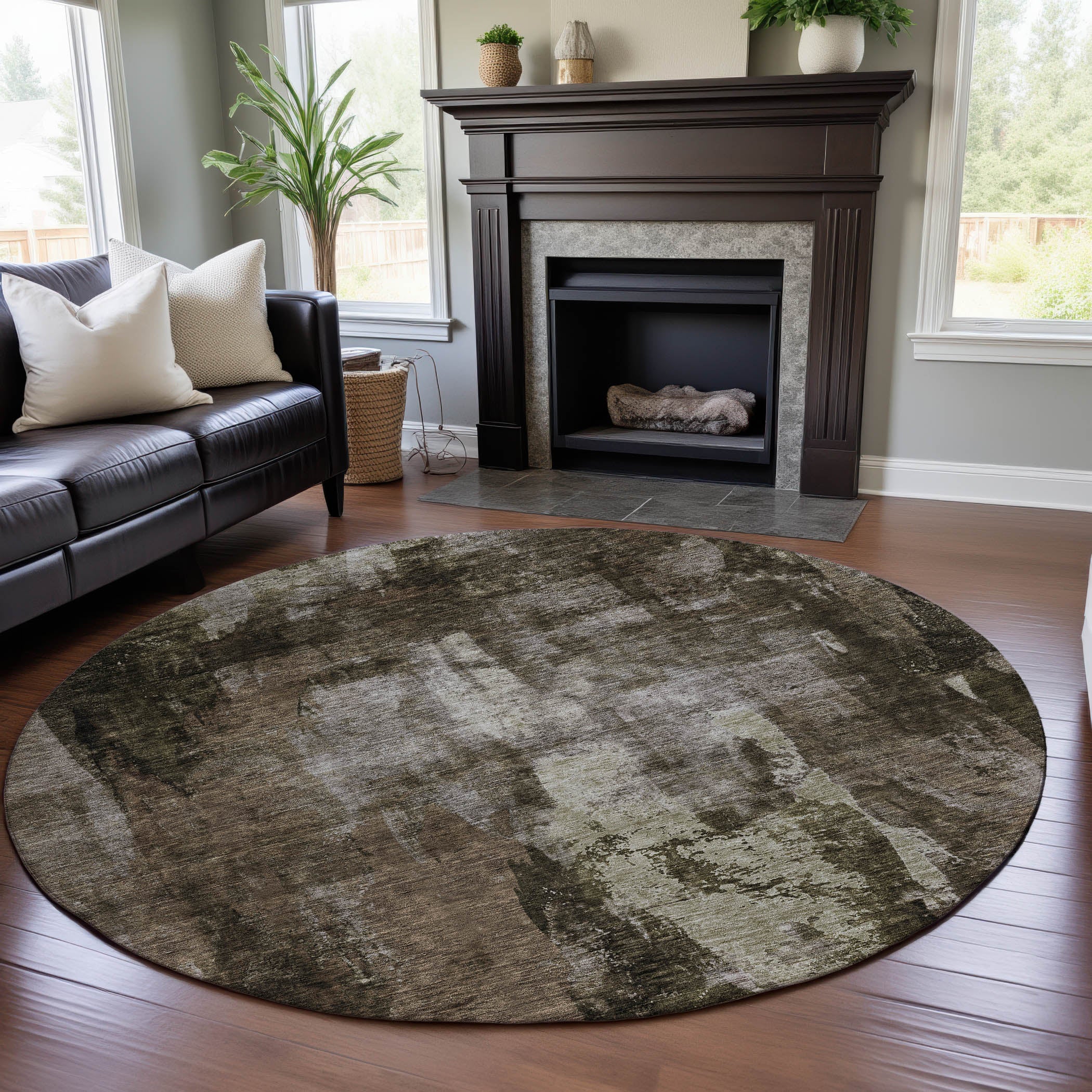Dubrovnik Machine Washable Transitional Brown Rug 8' x 8' #shape_Round