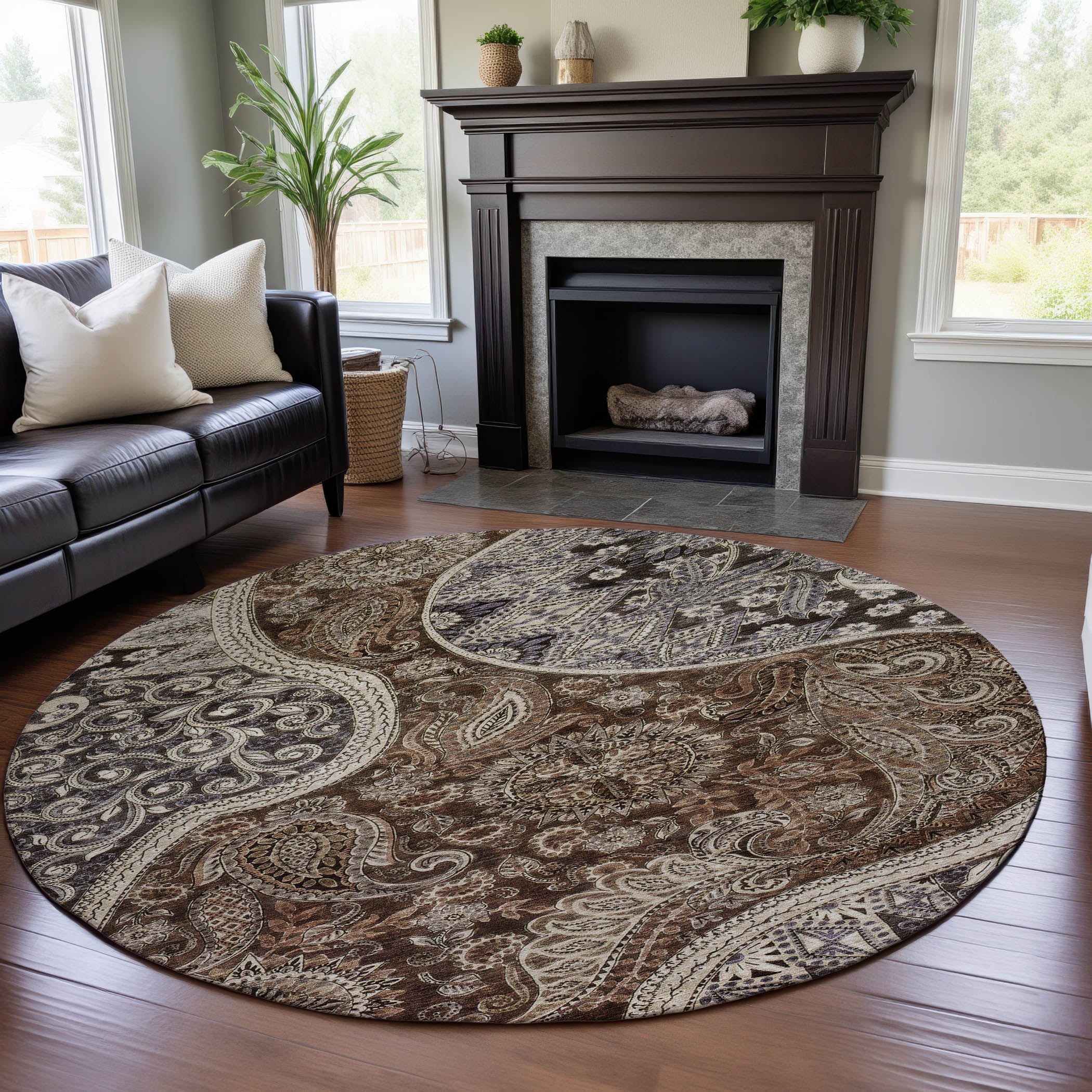 Prague Machine Washable Transitional Brown Rug 8' x 8' #shape_Round