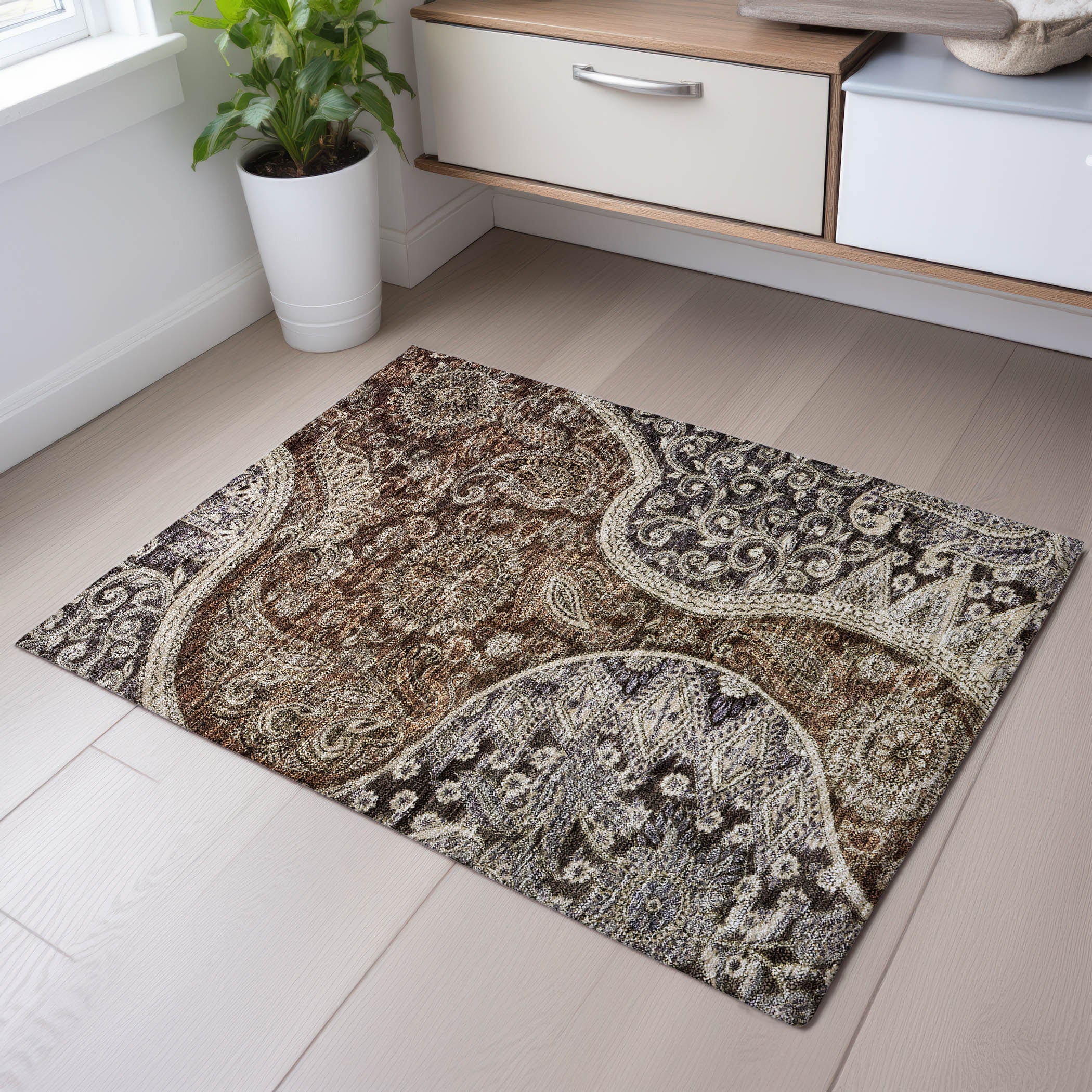 Prague Machine Washable Transitional Brown Rug 1'8" x 2'6" #shape_Rectangle