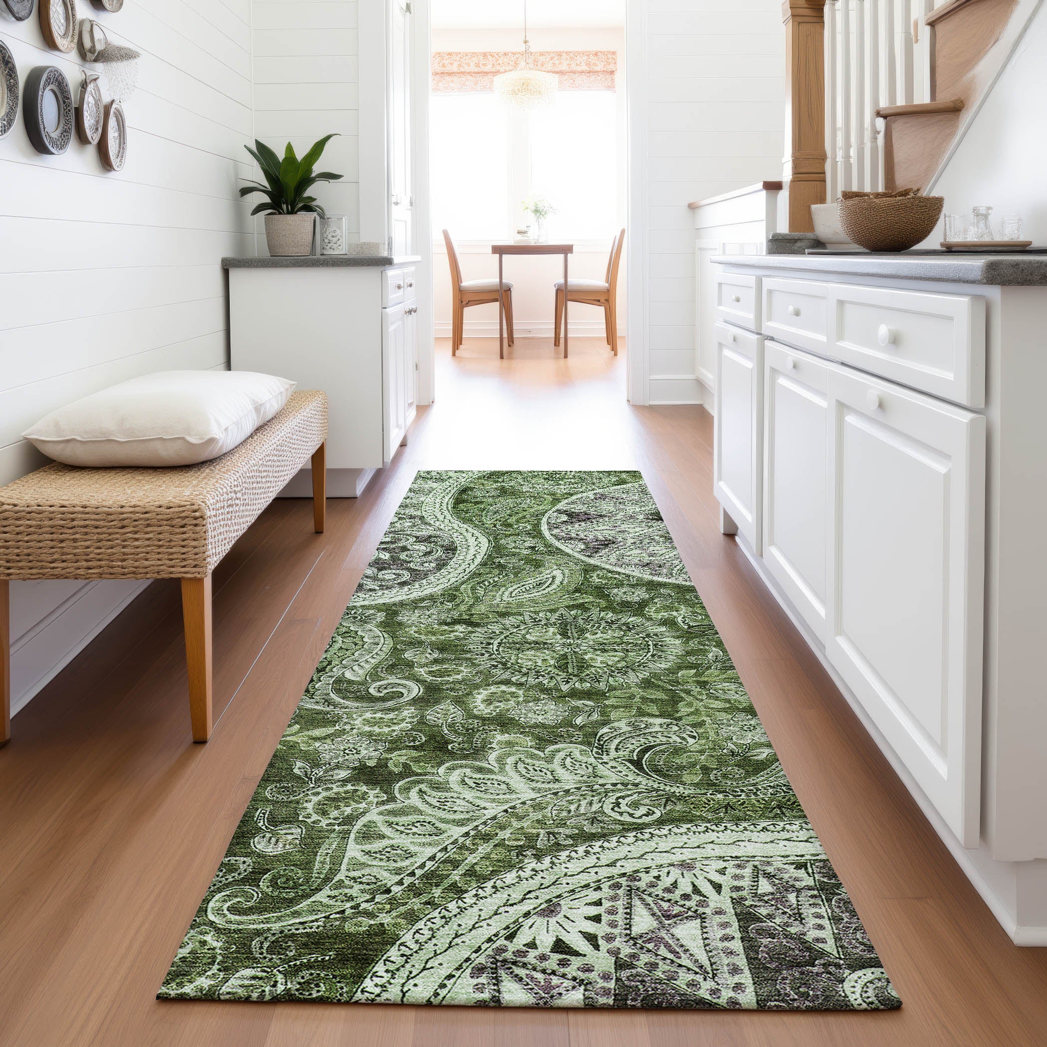 Prague Machine Washable Transitional Olive Green Rug 2'3" x 7'6" #shape_Runner
