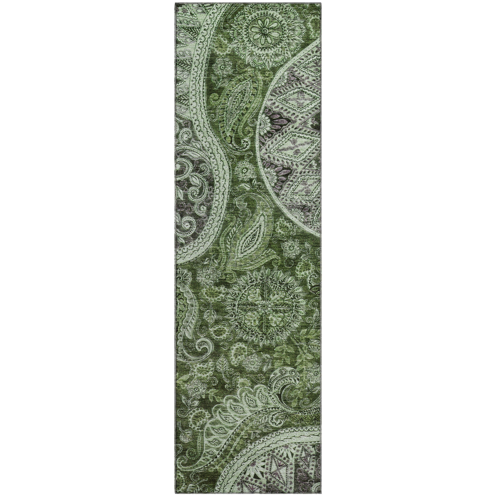 Prague Machine Washable Transitional Olive Green Rug 2'3" x 7'6" #shape_Runner