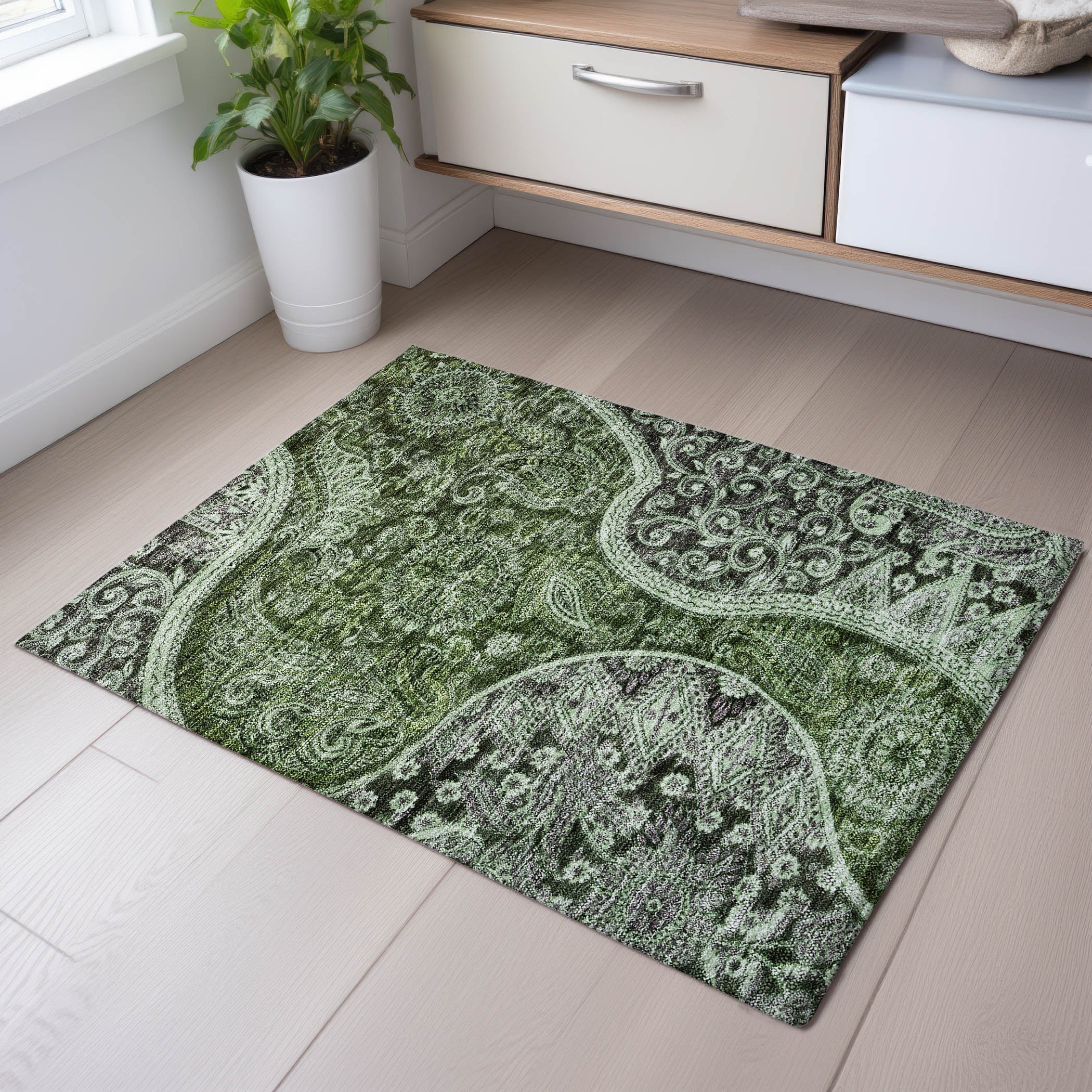 Prague Machine Washable Transitional Olive Green Rug 1'8" x 2'6" #shape_Rectangle