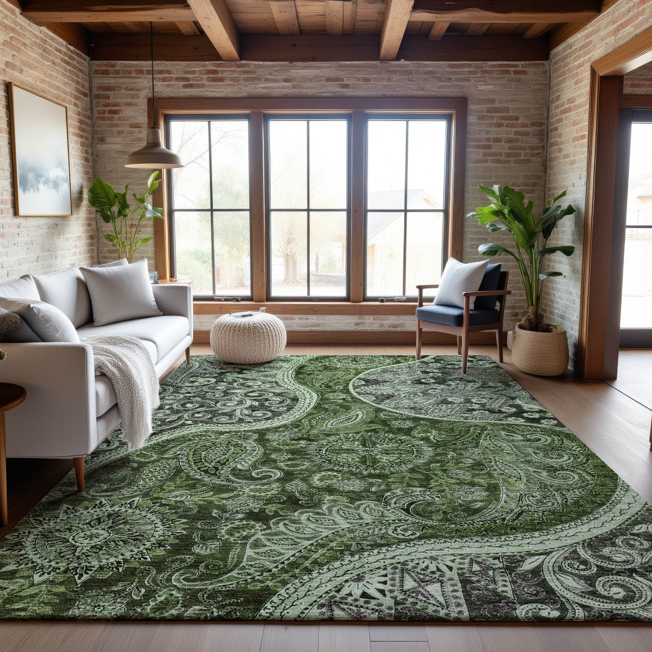 Prague Machine Washable Transitional Olive Green Rug 2'6" x 3'10" #shape_Rectangle