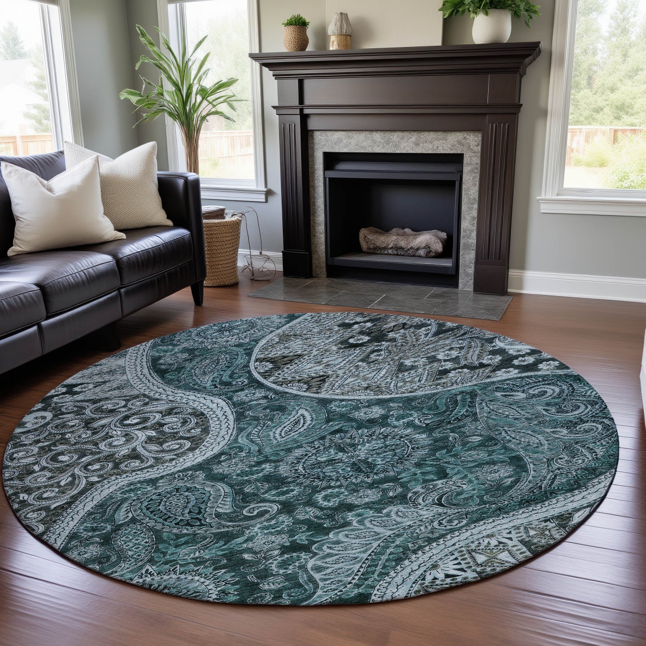 Prague Machine Washable Transitional Teal Rug 8' x 8' #shape_Round