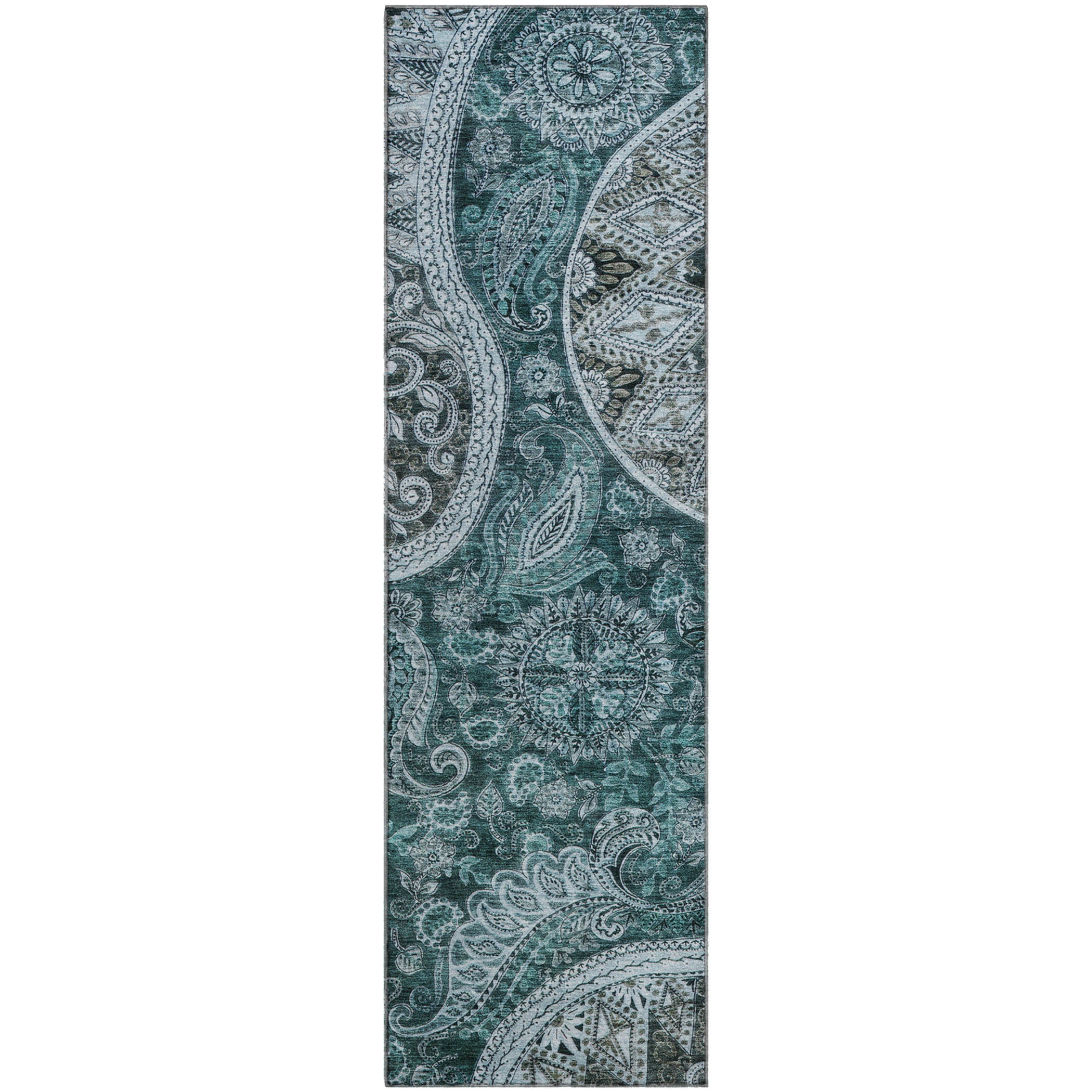 Prague Machine Washable Transitional Teal Rug 2'3" x 7'6" #shape_Runner