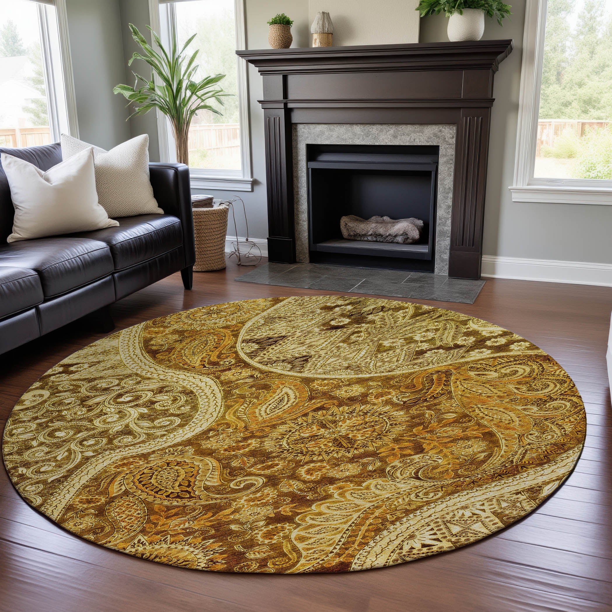 Prague Machine Washable Transitional Terracotta Orange Rug 8' x 8' #shape_Round