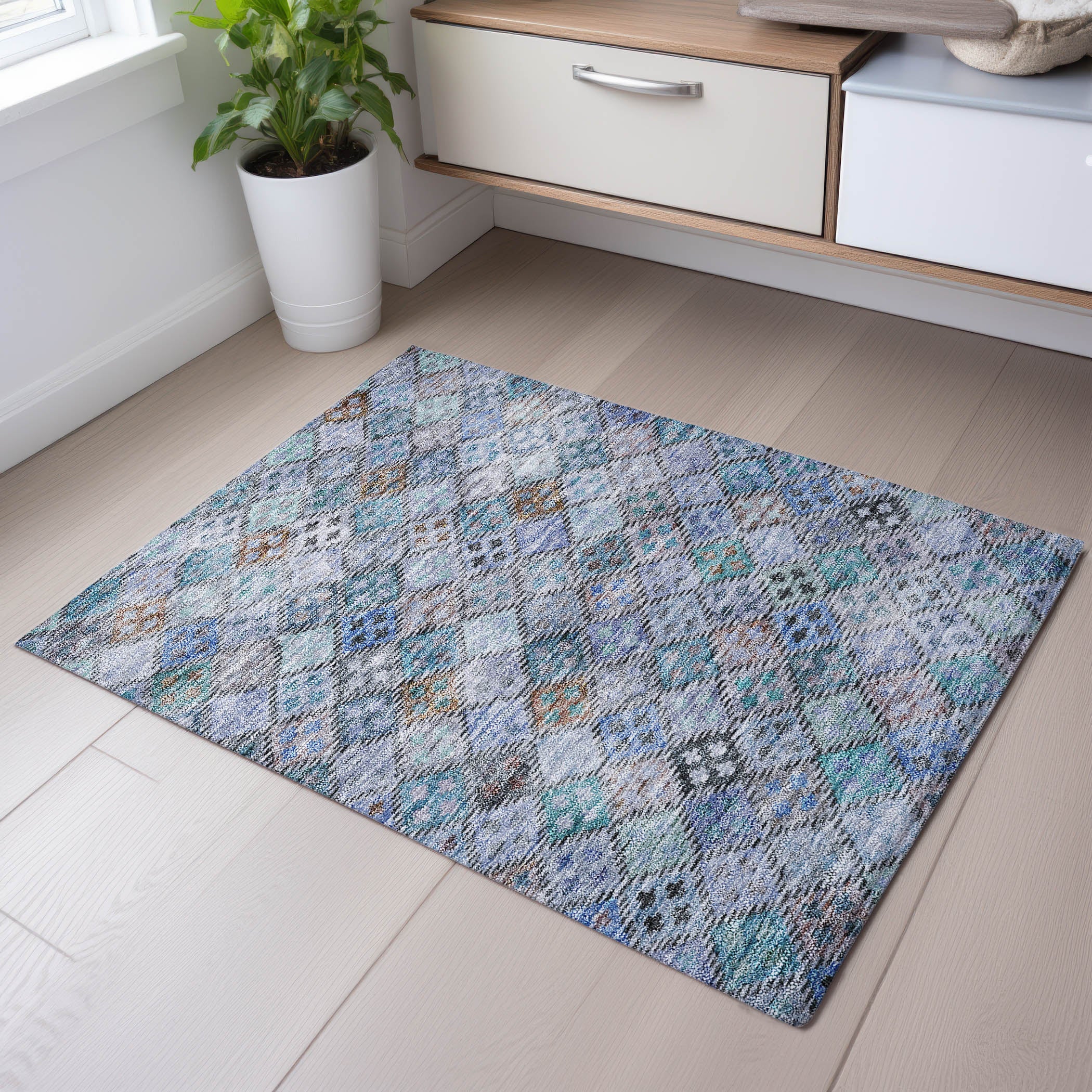 Antigua Machine Washable Transitional Blue Rug 1'8" x 2'6" #shape_Rectangle