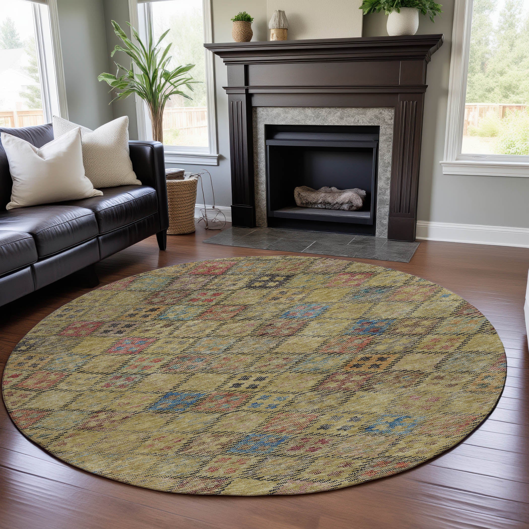 Antigua Machine Washable Transitional Gold Rug 8' x 8' #shape_Round