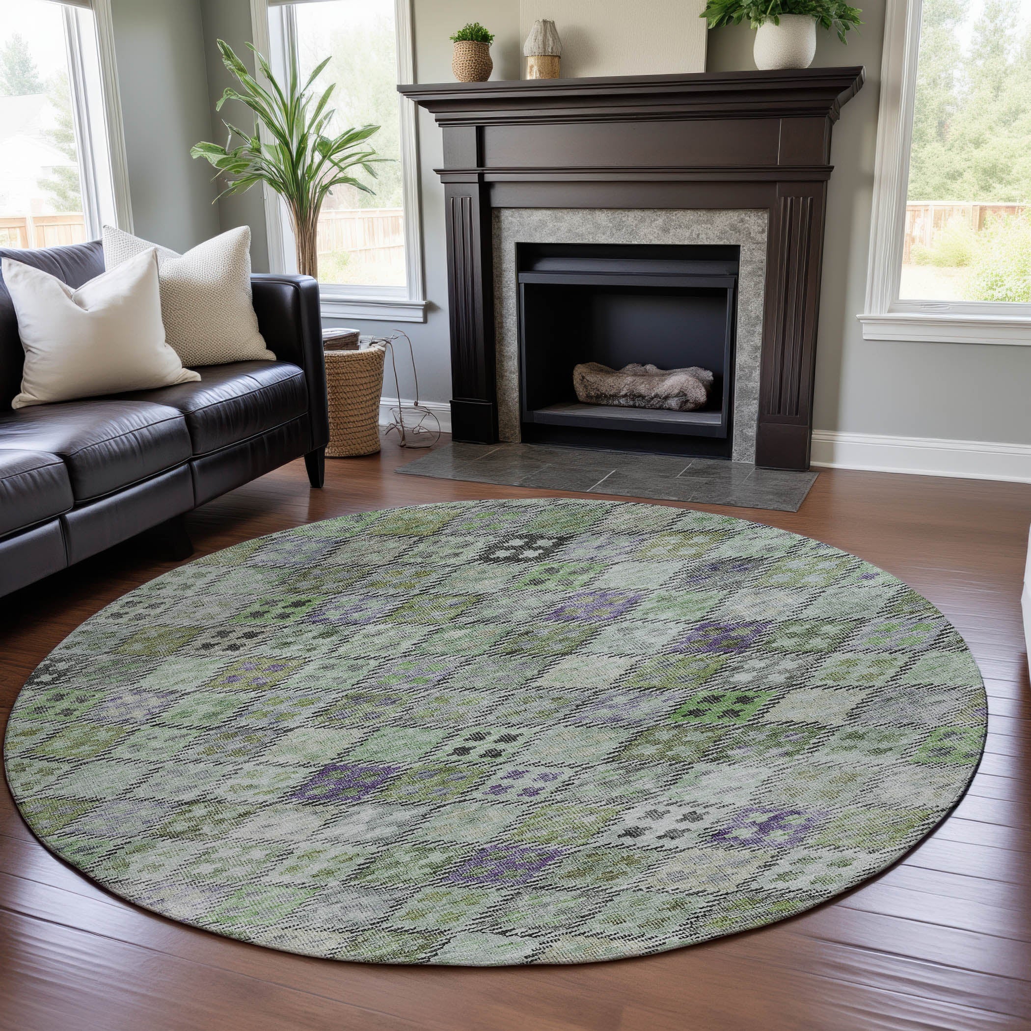 Antigua Machine Washable Transitional Green Rug 8' x 8' #shape_Round