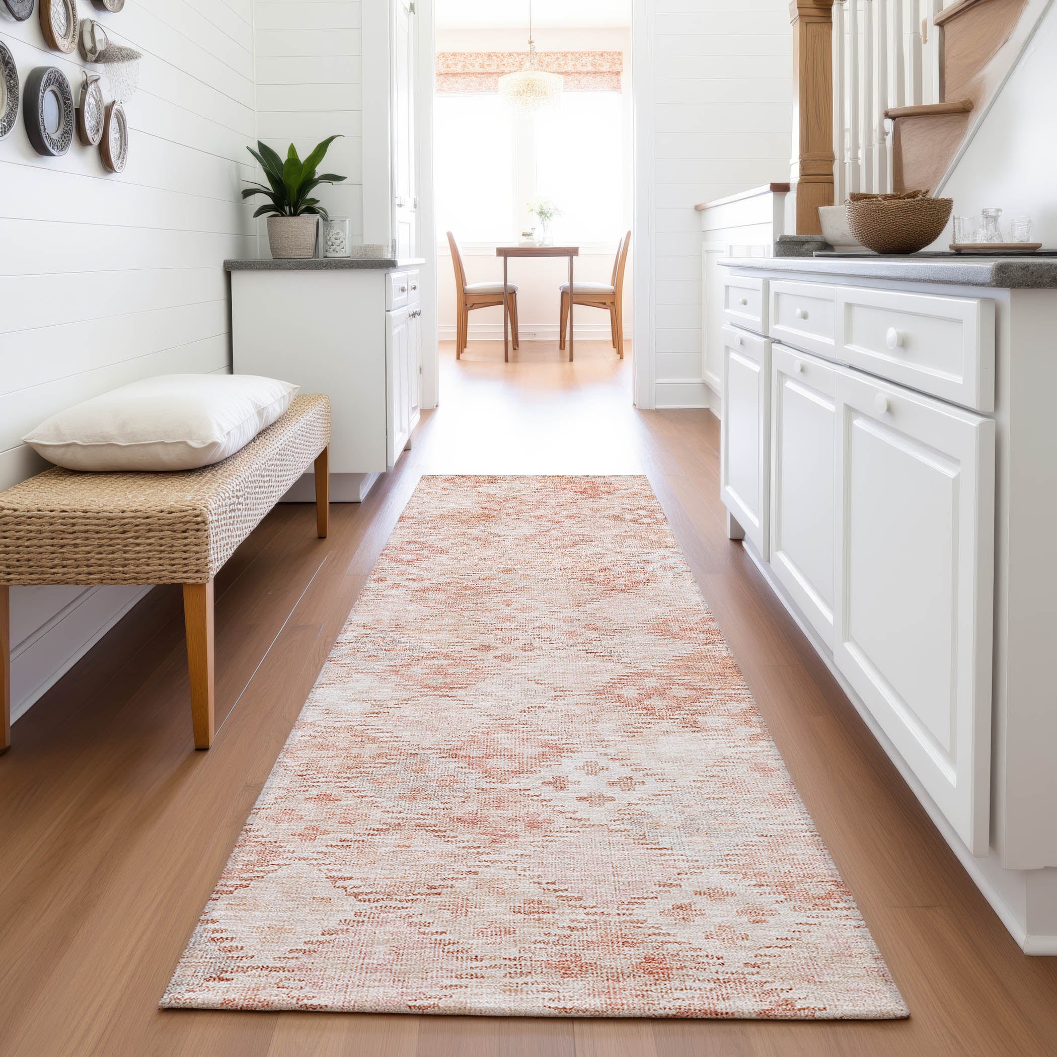Antigua Machine Washable Transitional Pink Rug 2'3" x 7'6" #shape_Runner