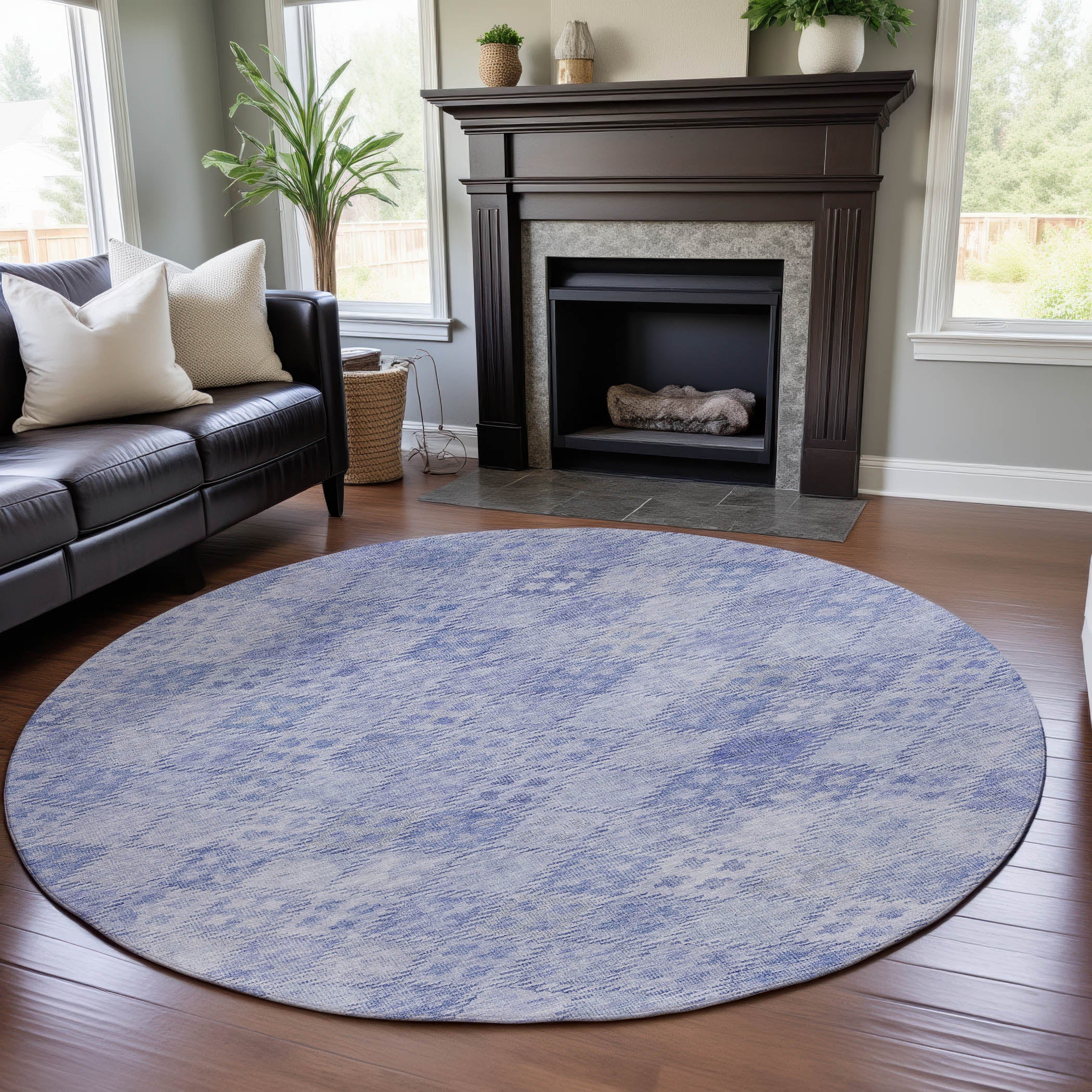 Antigua Machine Washable Transitional Sky Blue Rug 8' x 8' #shape_Round