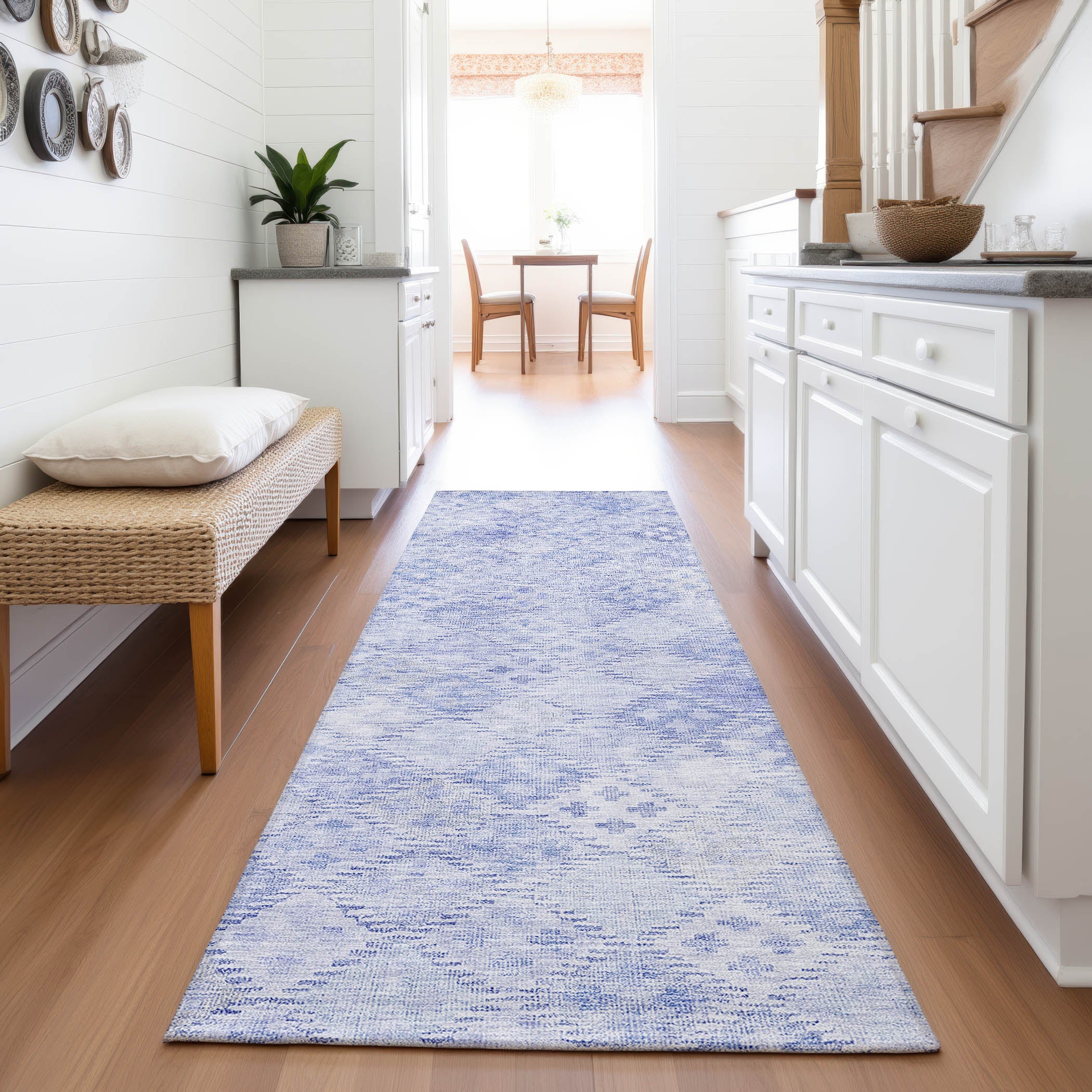 Antigua Machine Washable Transitional Sky Blue Rug 2'3" x 7'6" #shape_Runner