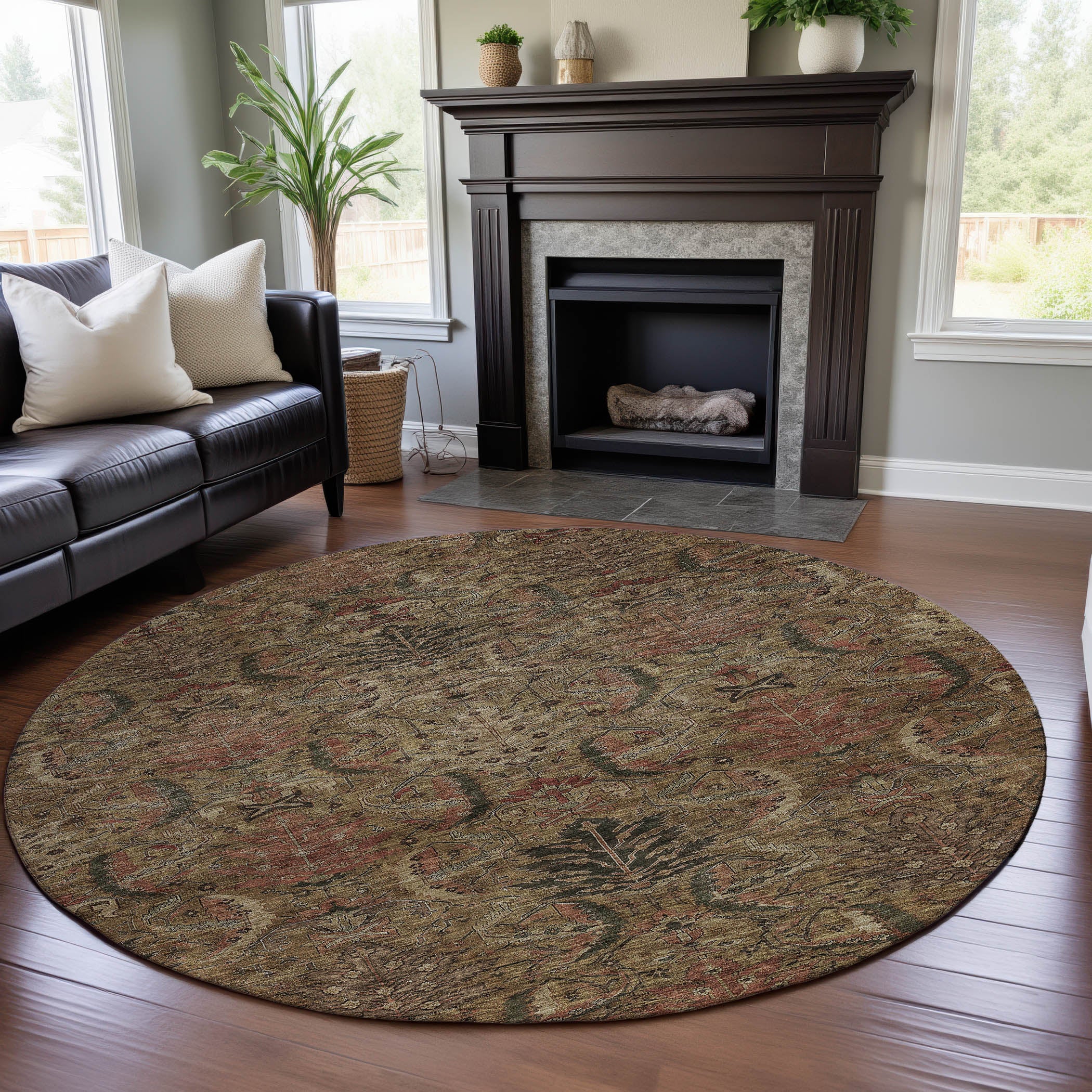 Siena Machine Washable Transitional Brown Rug 8' x 8' #shape_Round