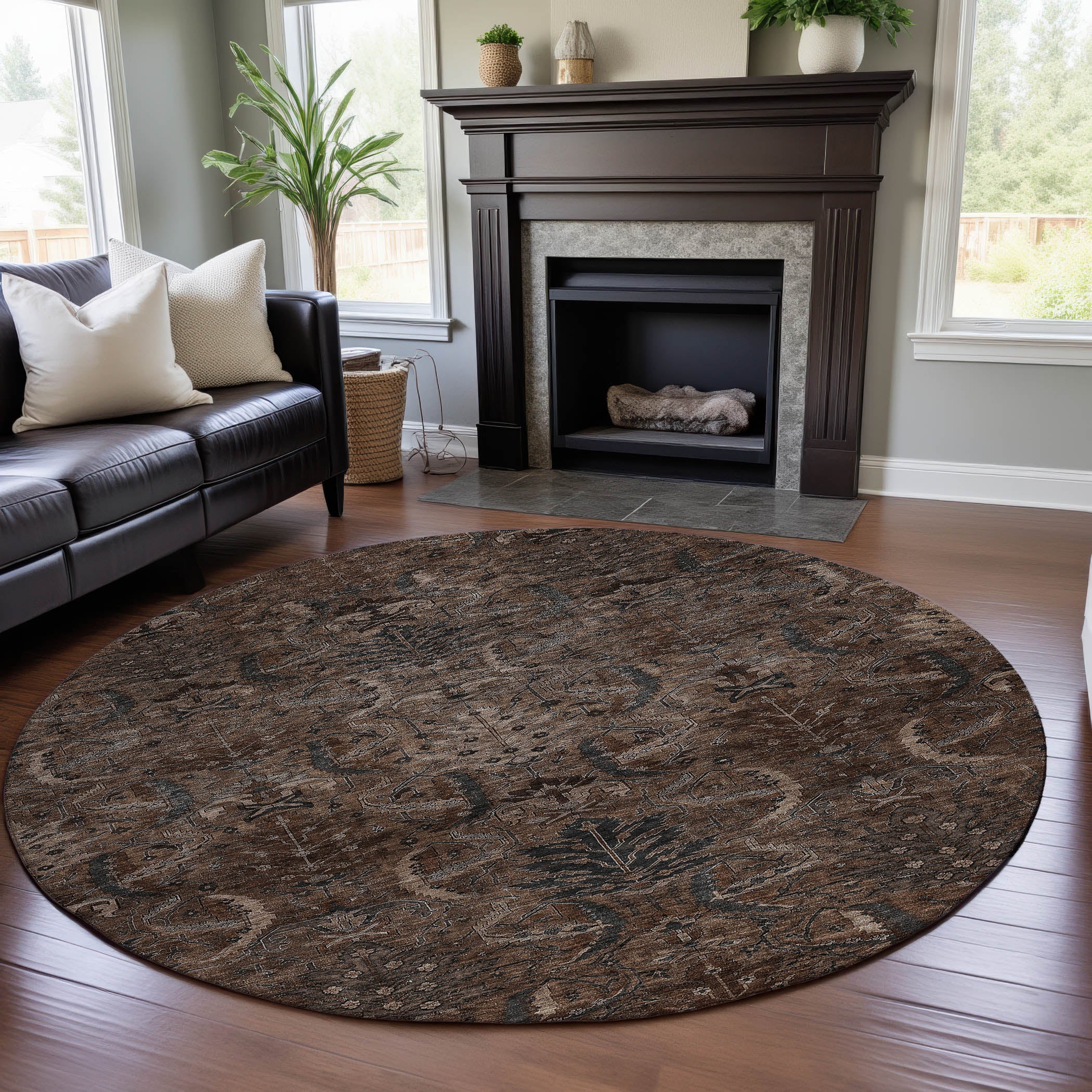 Siena Machine Washable Transitional Fudge Brown Rug 8' x 8' #shape_Round