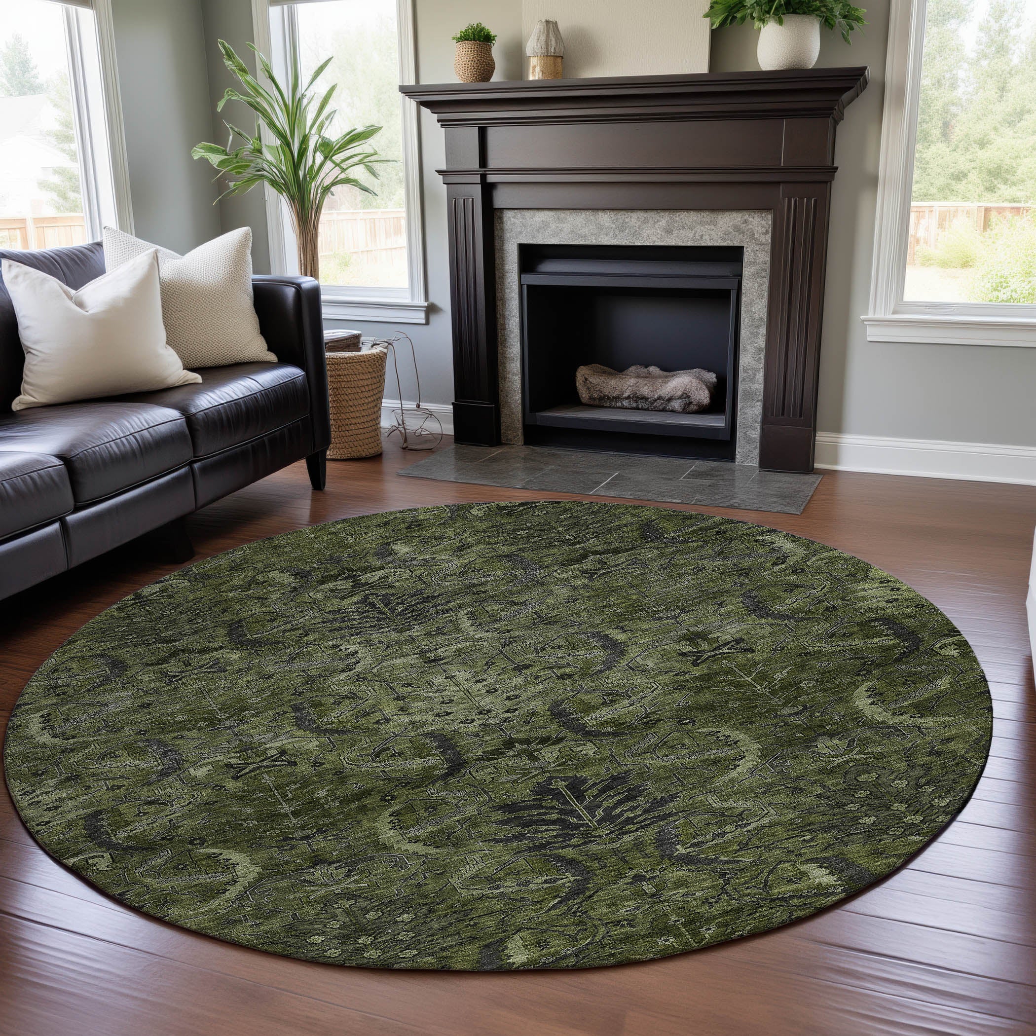 Siena Machine Washable Transitional Olive Green Rug 8' x 8' #shape_Round