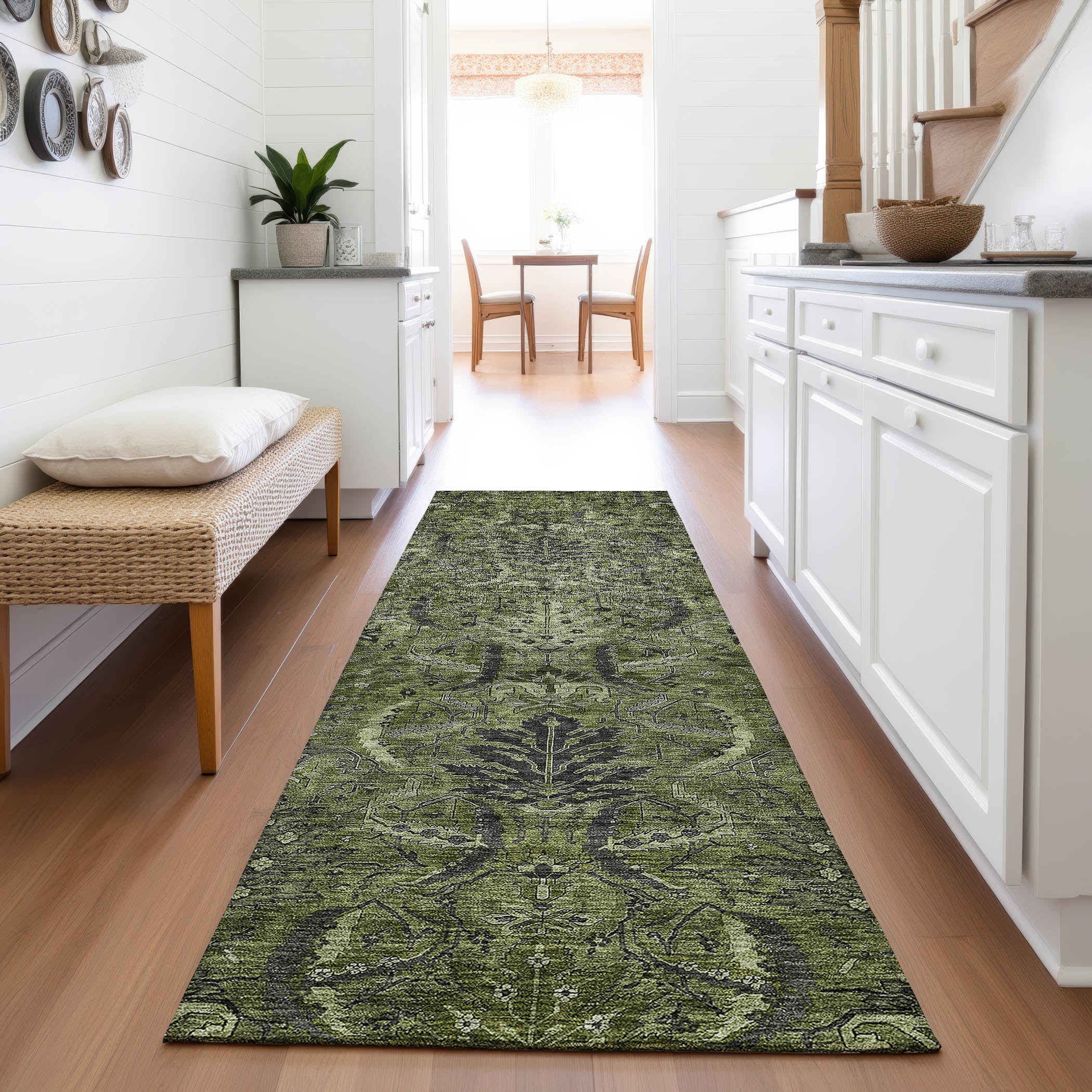 Siena Machine Washable Transitional Olive Green Rug 2'3" x 7'6" #shape_Runner