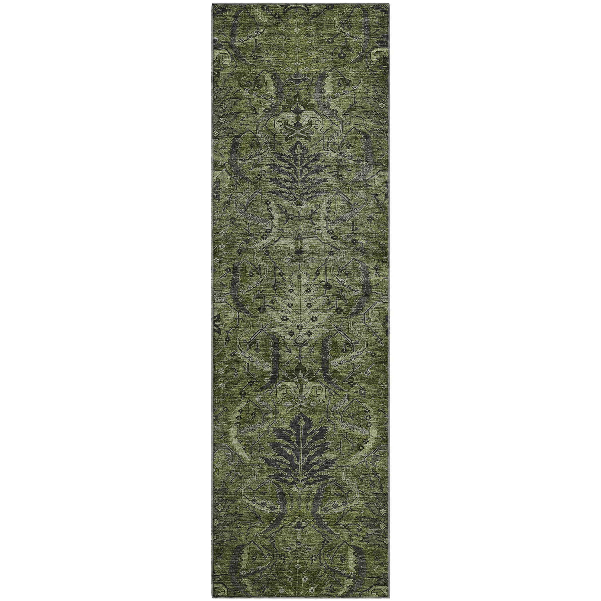 Siena Machine Washable Transitional Olive Green Rug 2'3" x 7'6" #shape_Runner