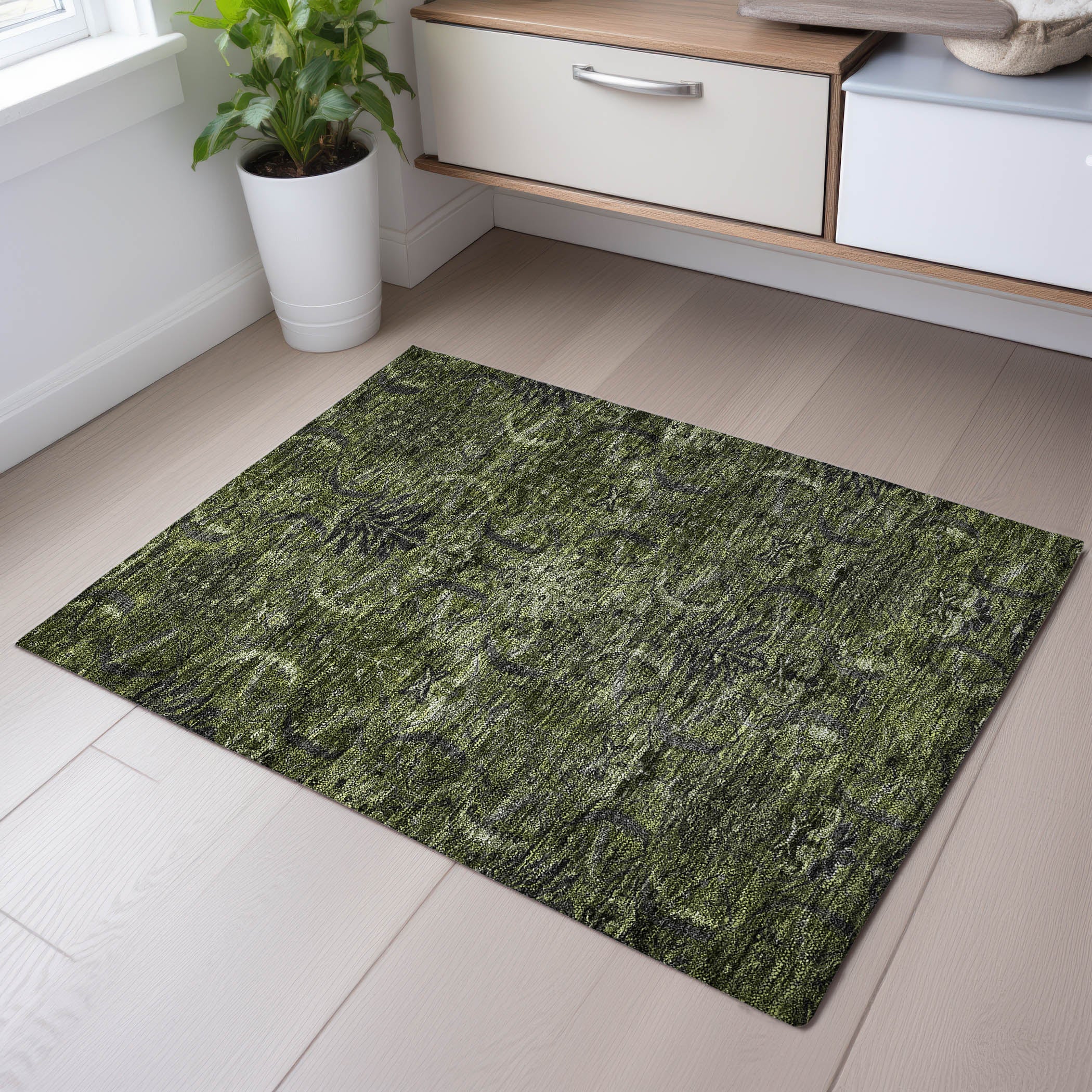 Siena Machine Washable Transitional Olive Green Rug 1'8" x 2'6" #shape_Rectangle