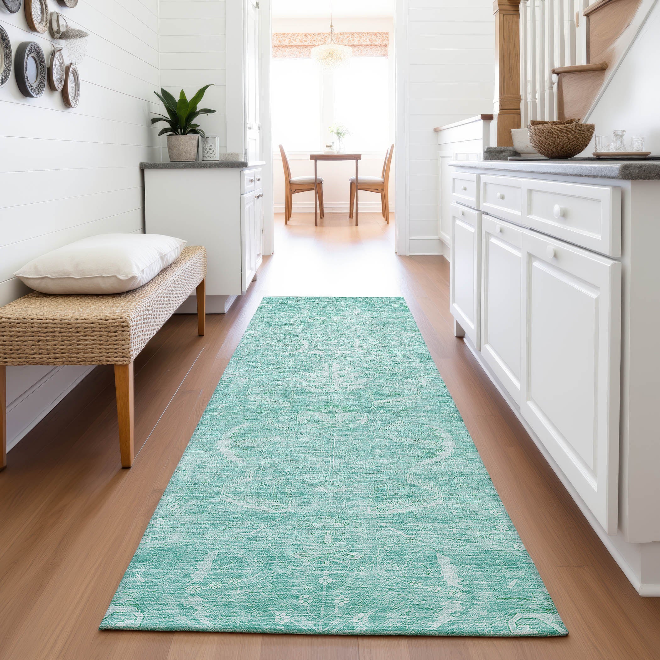 Seoul Machine Washable Transitional Aqua Teal Rug 2'3" x 7'6" #shape_Runner