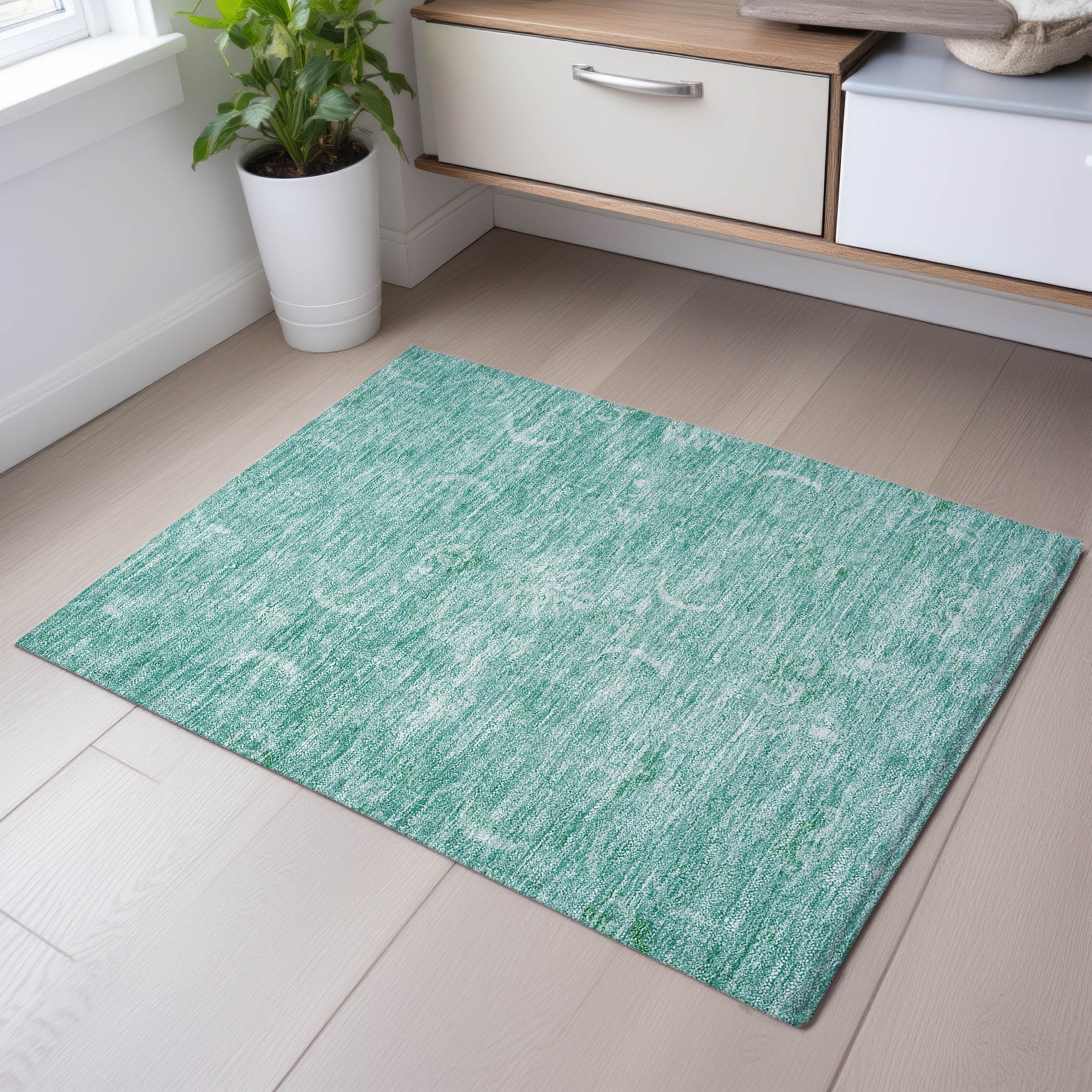 Seoul Machine Washable Transitional Aqua Teal Rug 1'8" x 2'6" #shape_Rectangle
