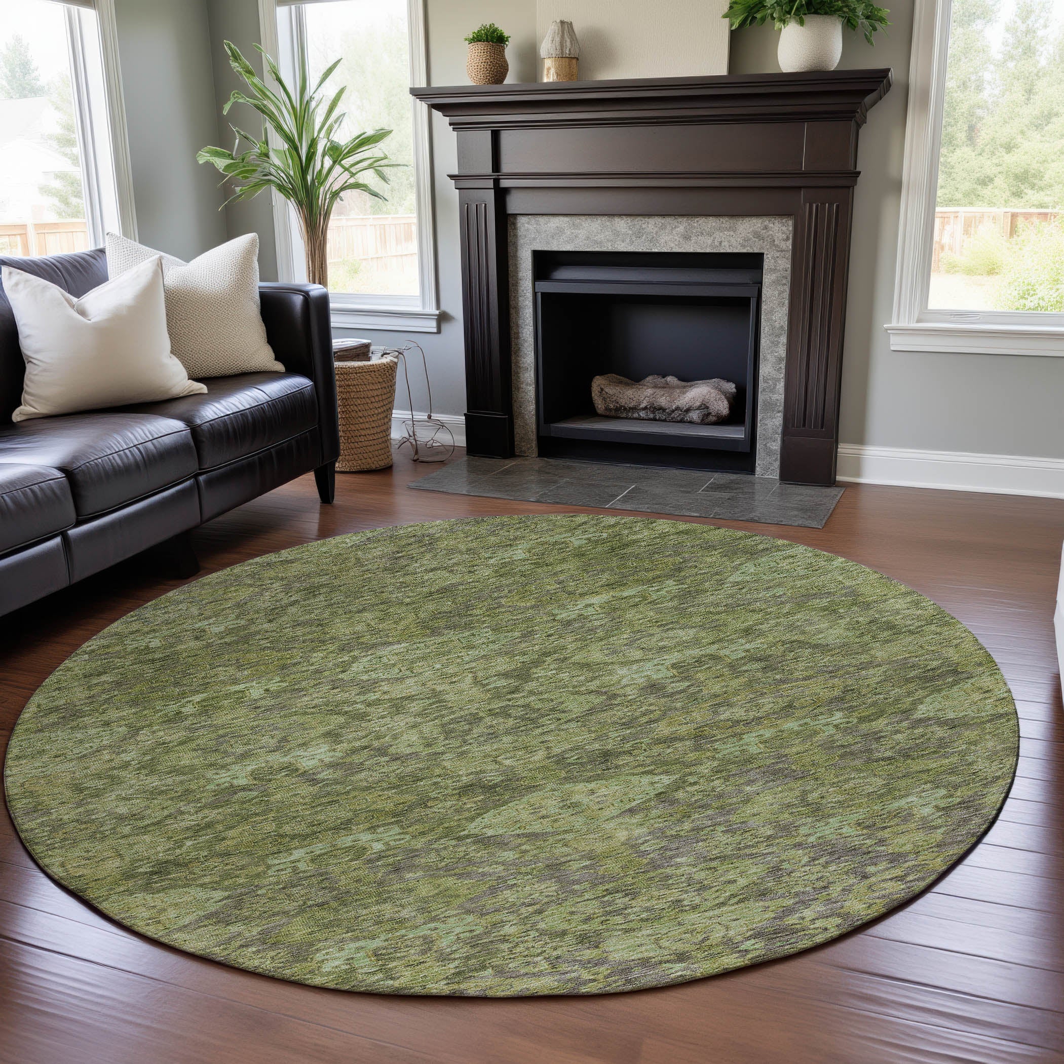 Oslo Machine Washable Transitional Green Rug 8' x 8' #shape_Round