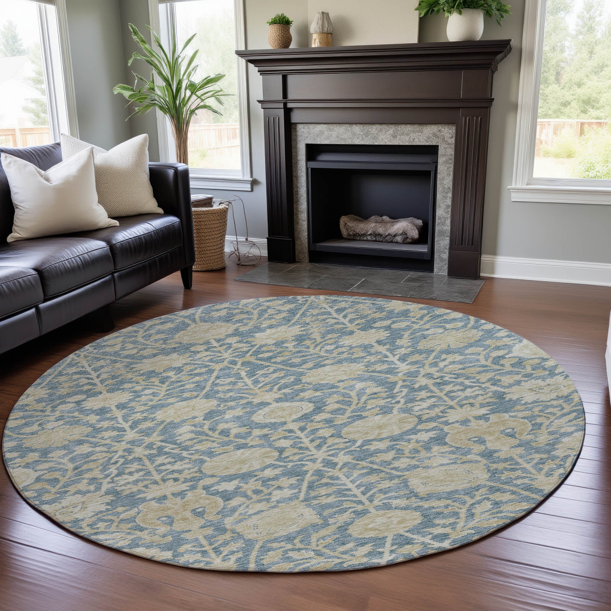 Budapest Machine Washable Transitional Sky Blue Rug 8' x 8' #shape_Round