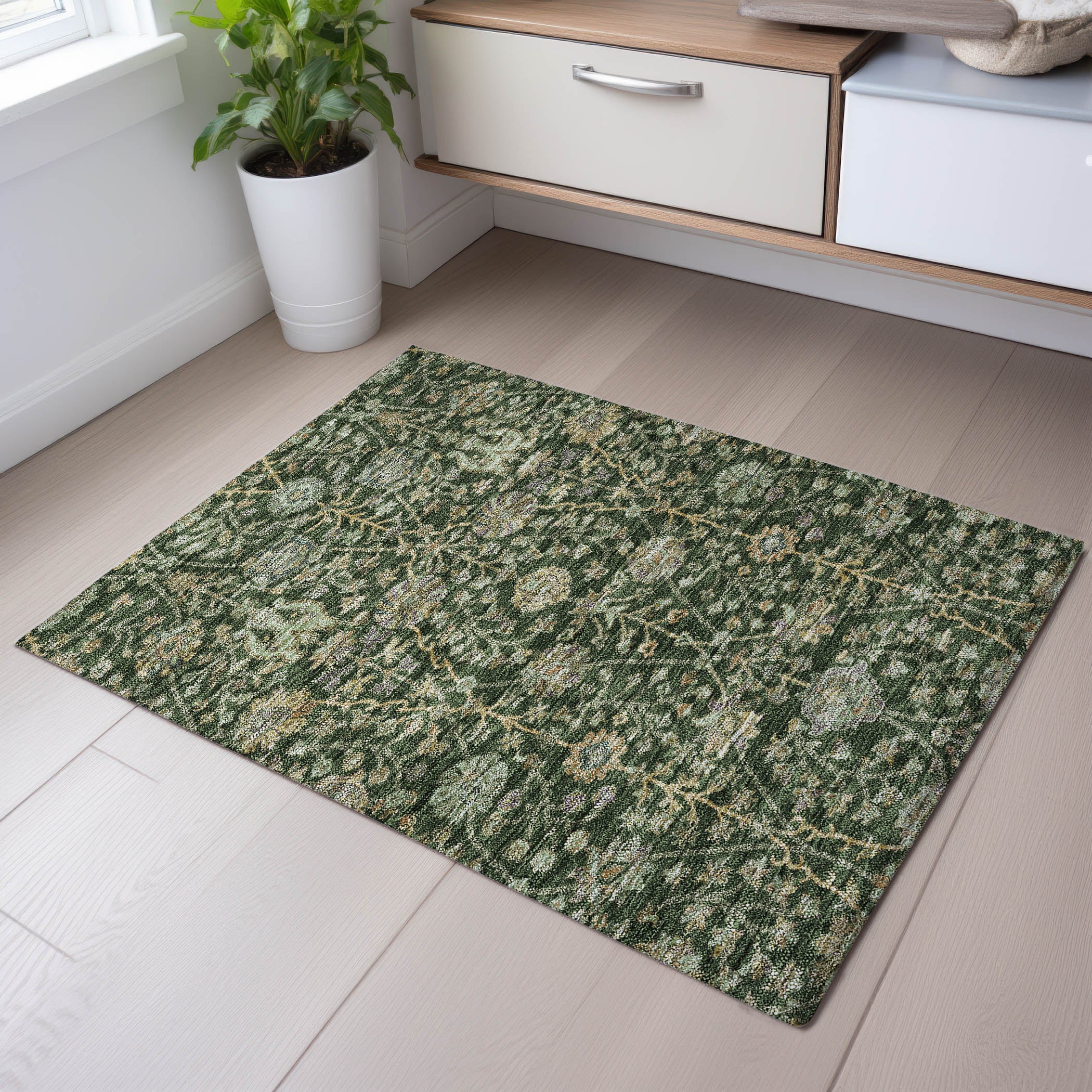Bangkok Machine Washable Transitional Green Rug 1'8" x 2'6" #shape_Rectangle