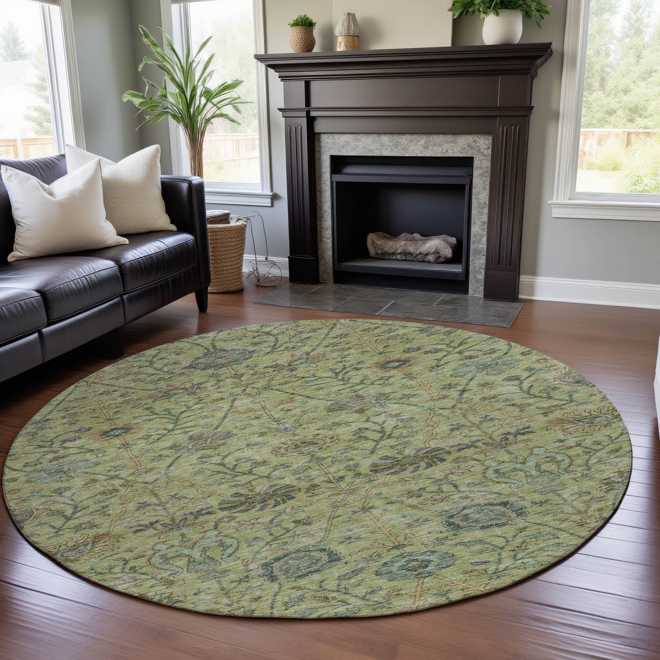 Bangkok Machine Washable Transitional Mint Green Rug 8' x 8' #shape_Round