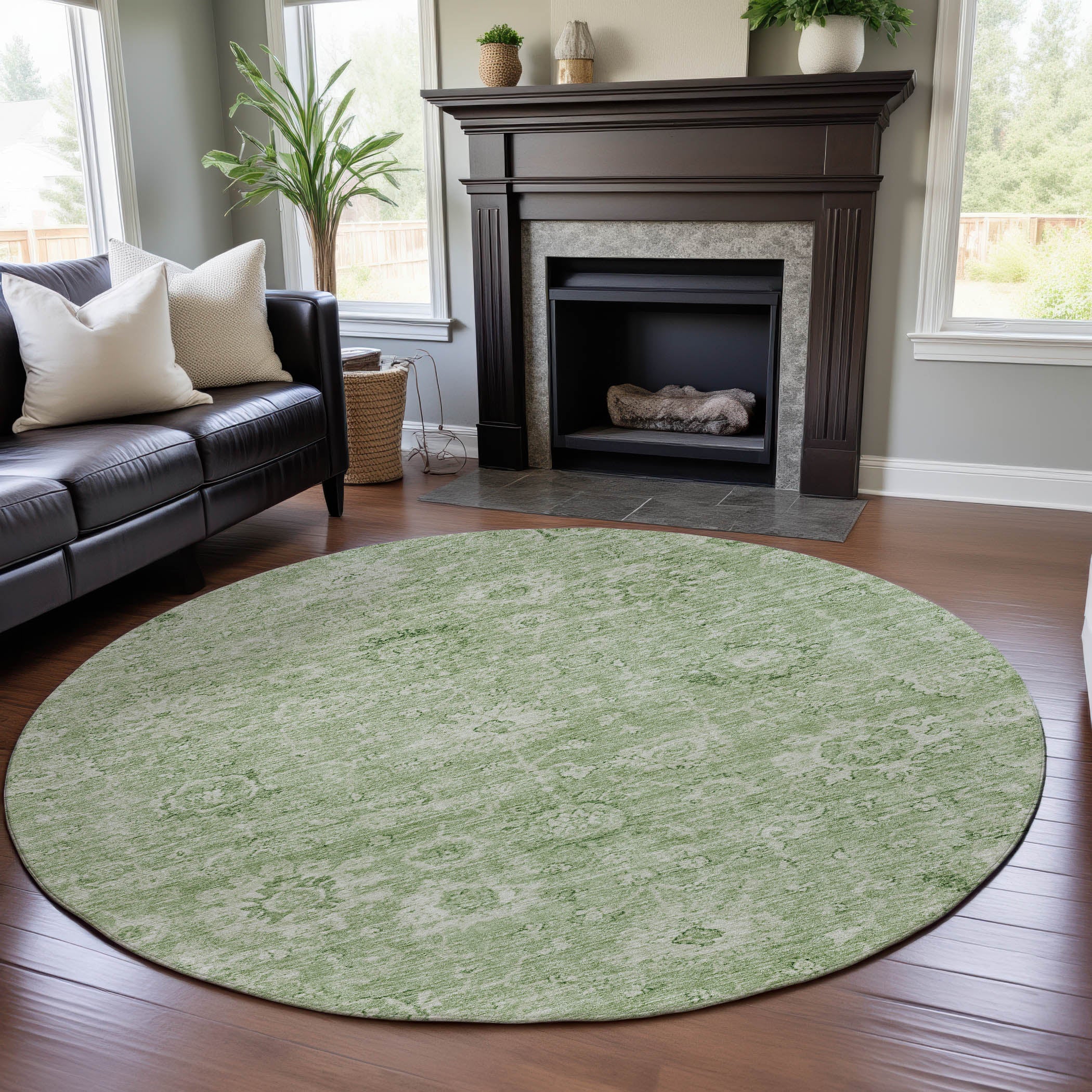 Sarajevo Machine Washable Transitional Aloe Green Rug 8' x 8' #shape_Round