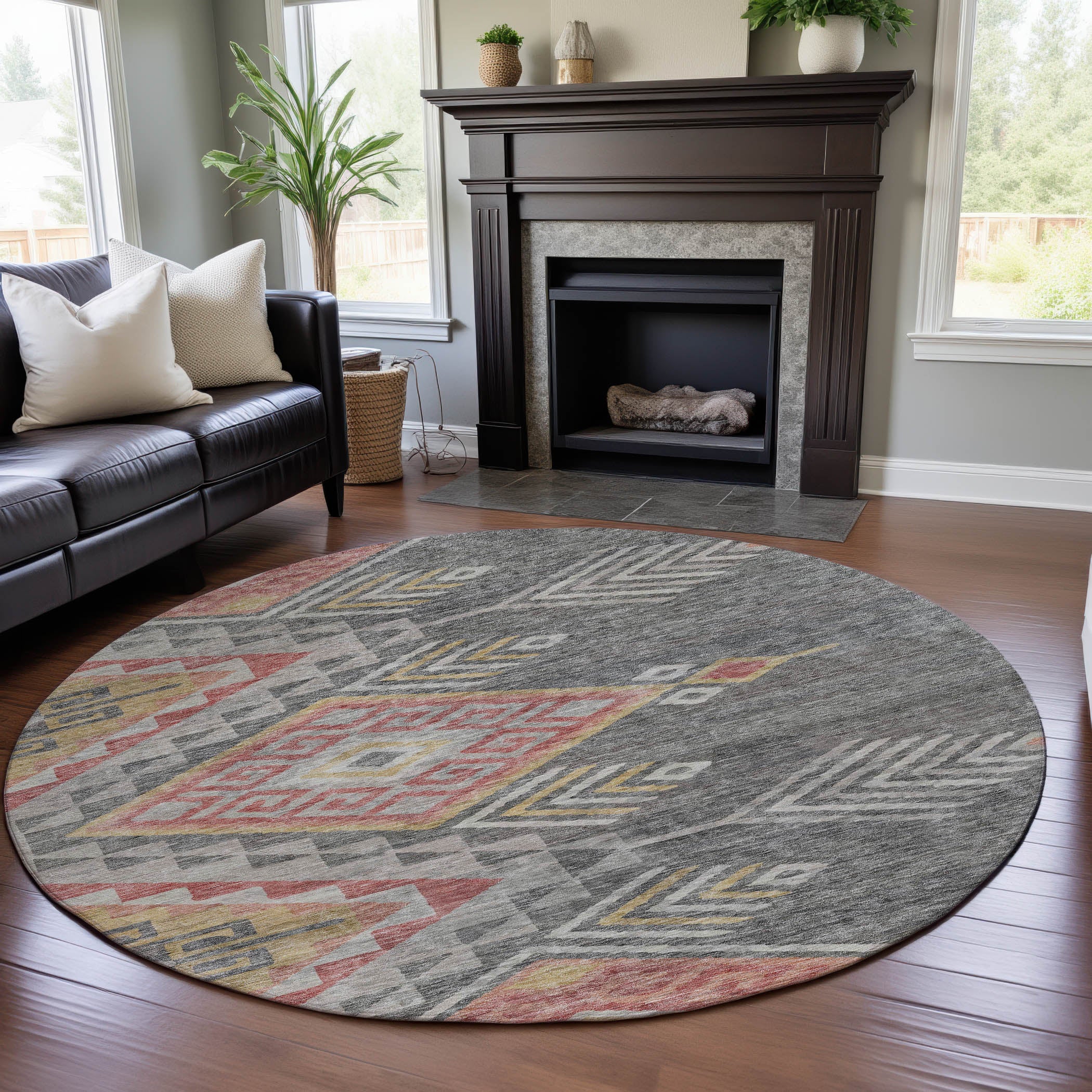 Sarajevo Machine Washable Transitional Gray Rug 8' x 8' #shape_Round