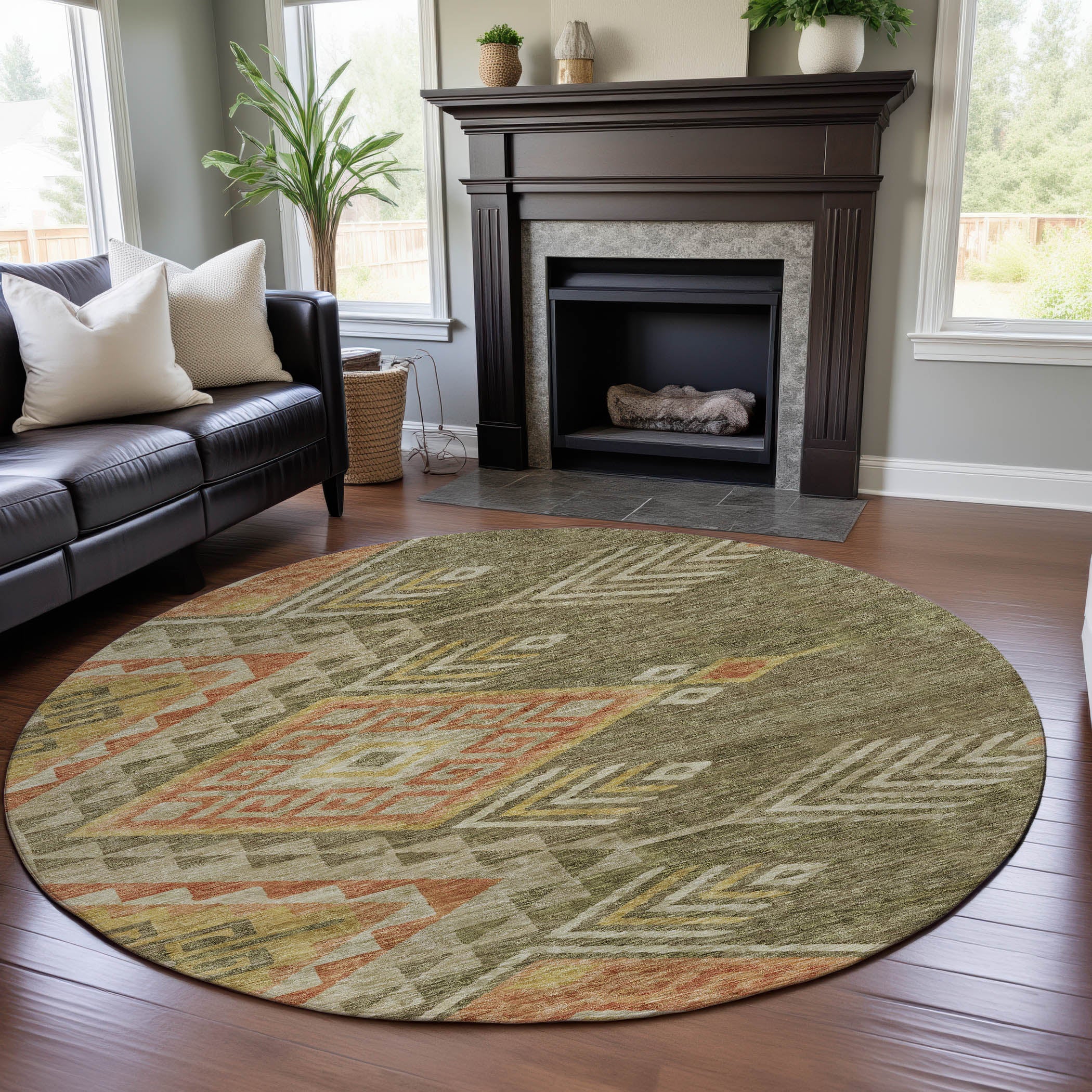 Sarajevo Machine Washable Transitional Green Rug 8' x 8' #shape_Round
