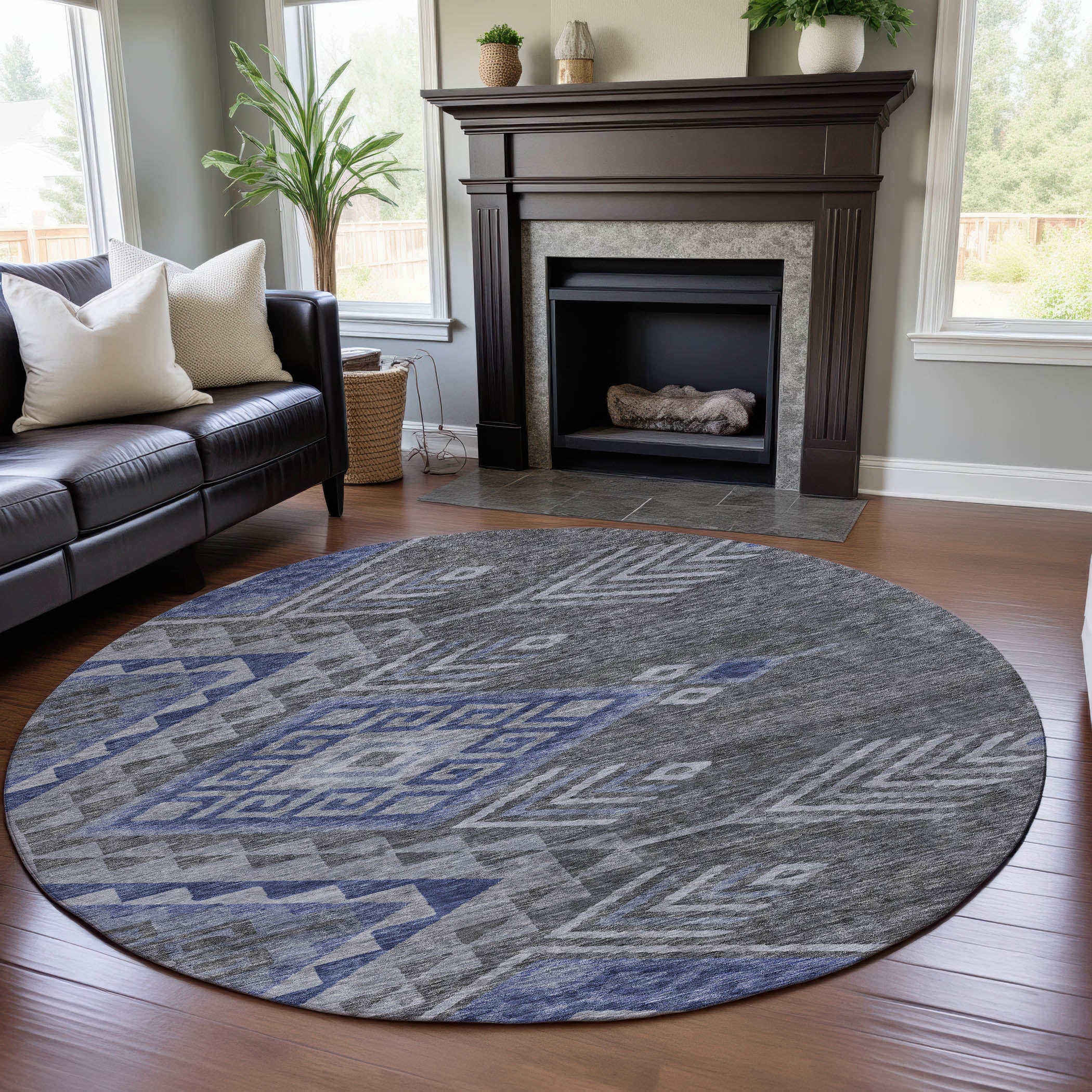 Sarajevo Machine Washable Transitional Pewter Gray Rug 8' x 8' #shape_Round