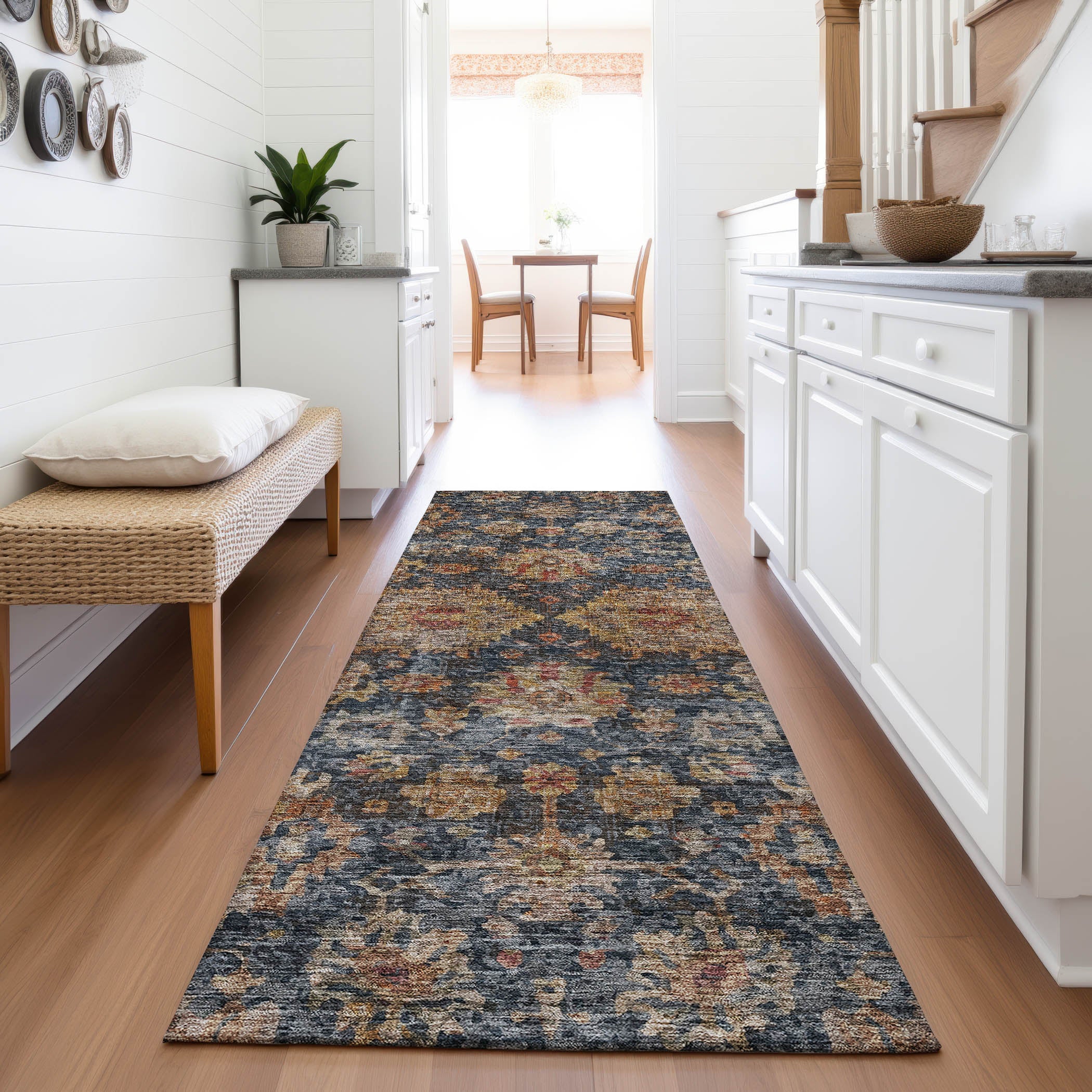 Queenstown Machine Washable Traditional Navy Blue Rug 2'3" x 7'6" #shape_Runner