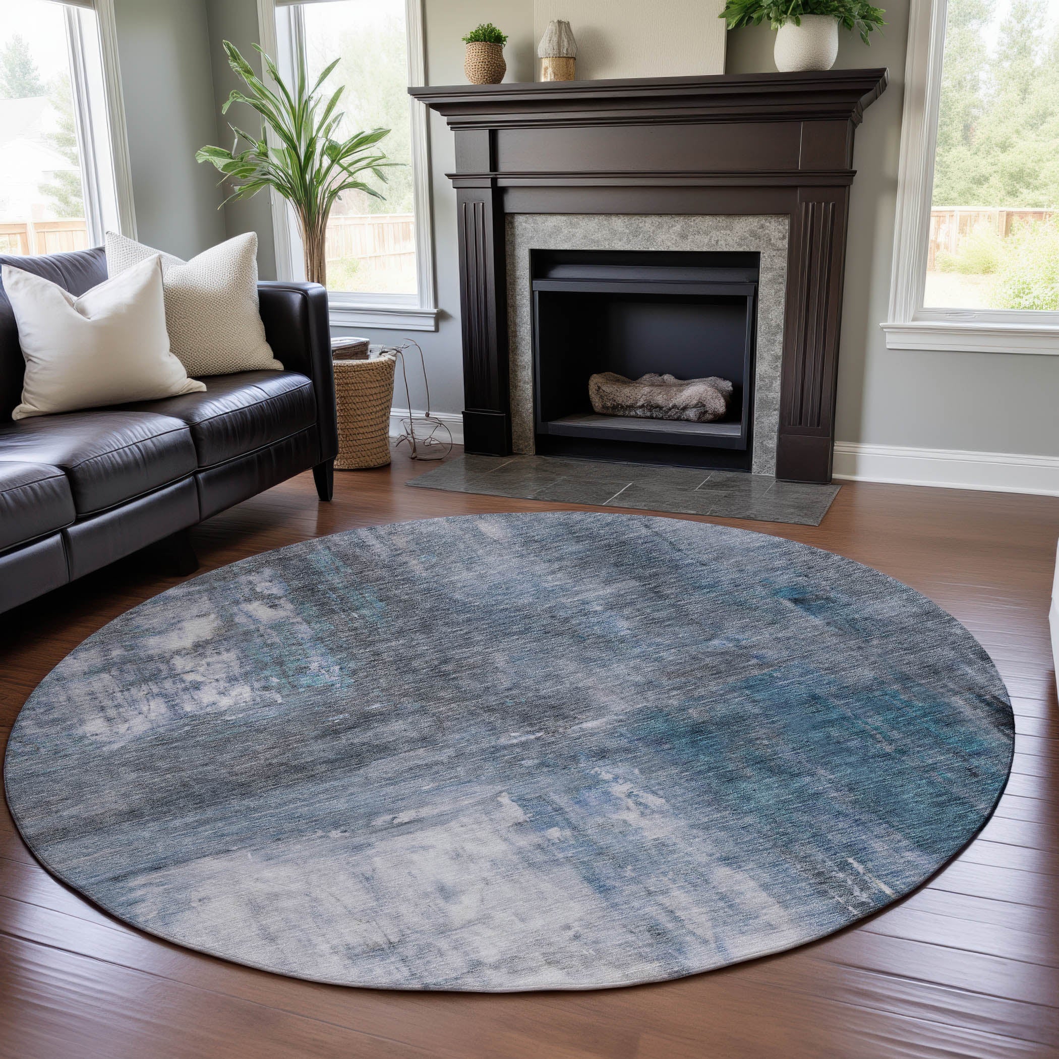 Lima Machine Washable Transitional Blue Rug 8' x 8' #shape_Round